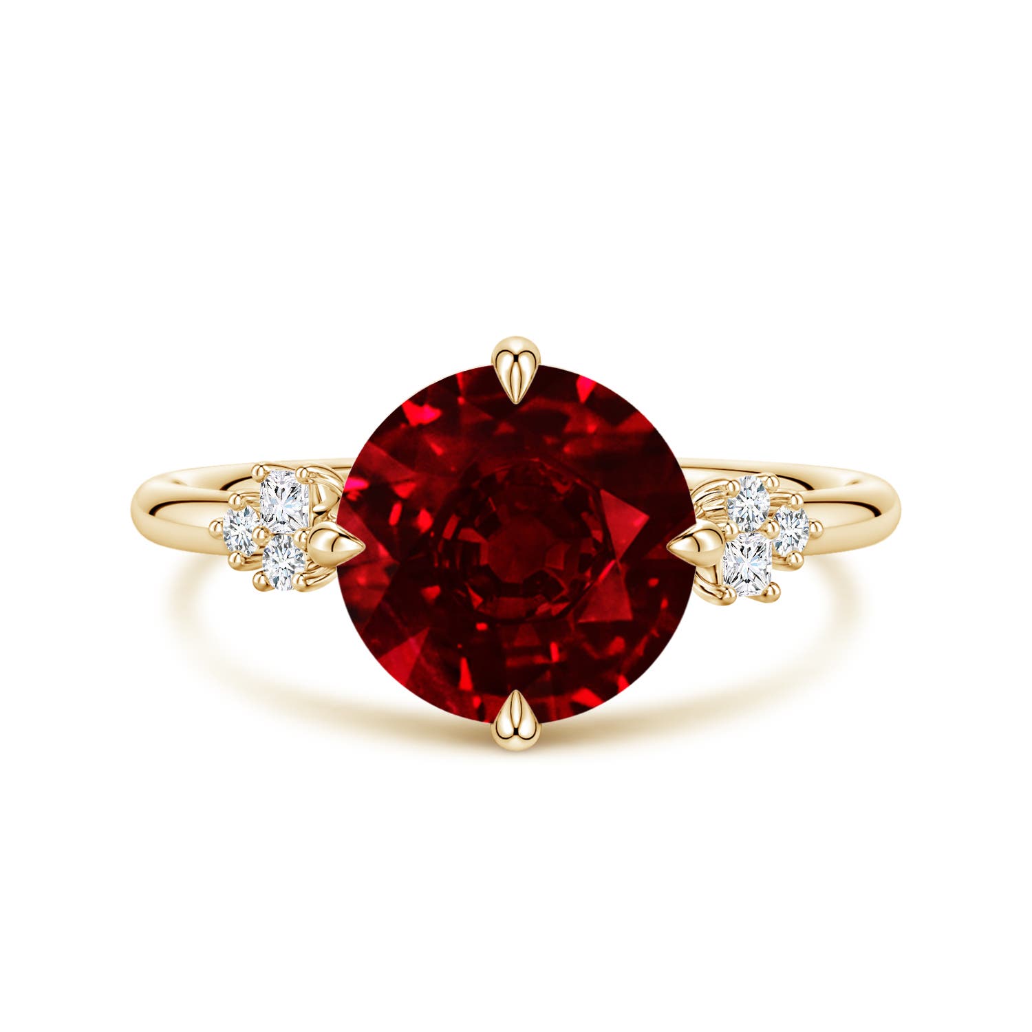 Angara 3.57 Carats Lab-Grown Round Ruby Engagement Ring with Mixed Cut Diamonds in 14K Yellow Gold