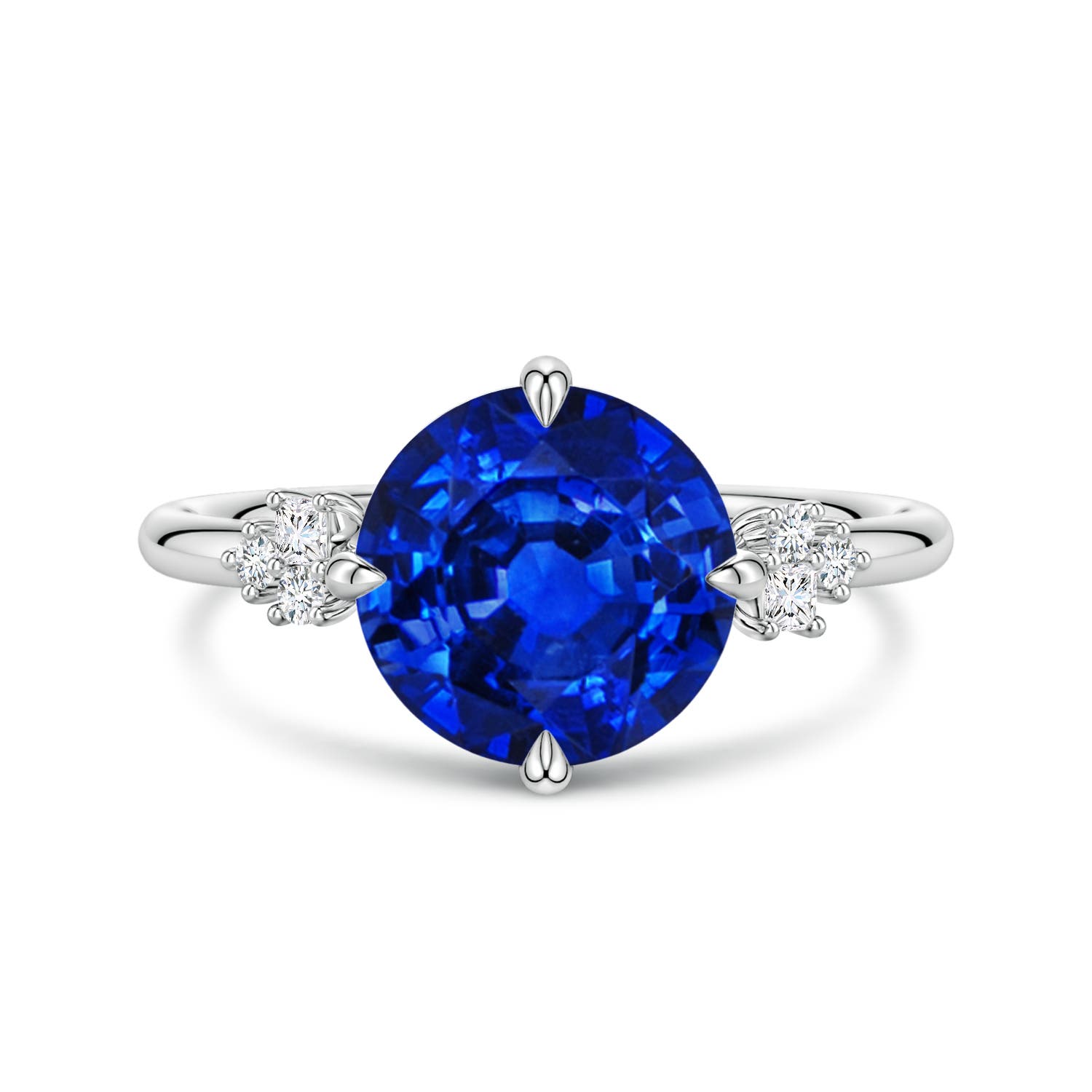 Angara 3.75 Carats Lab-Grown Round Blue Sapphire Engagement Ring with Mixed Cut Diamonds in 10K White Gold