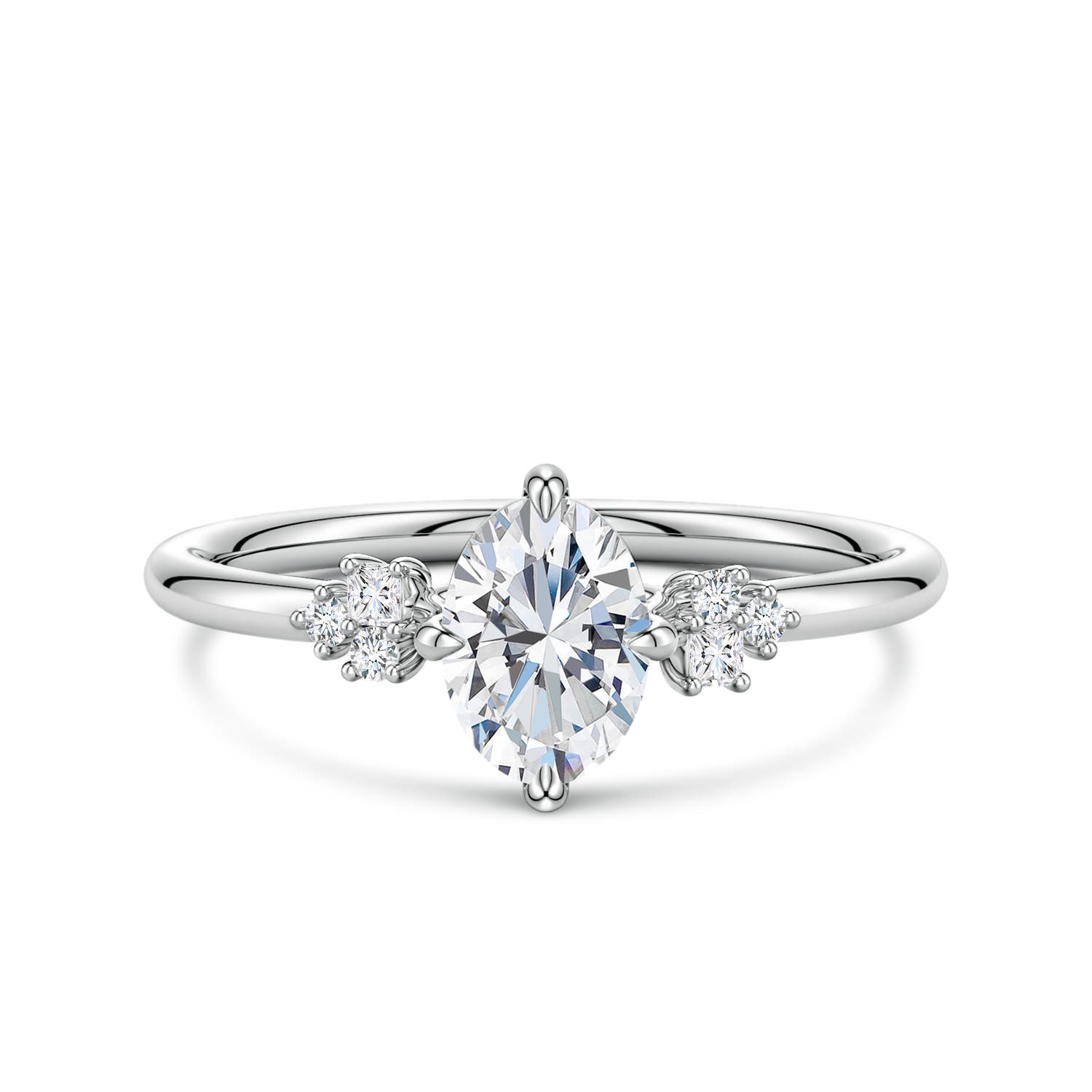 7x5mm FGVS Oval Lab-Grown Diamond Engagement Ring with Mixed Cut Accents in 18K White Gold