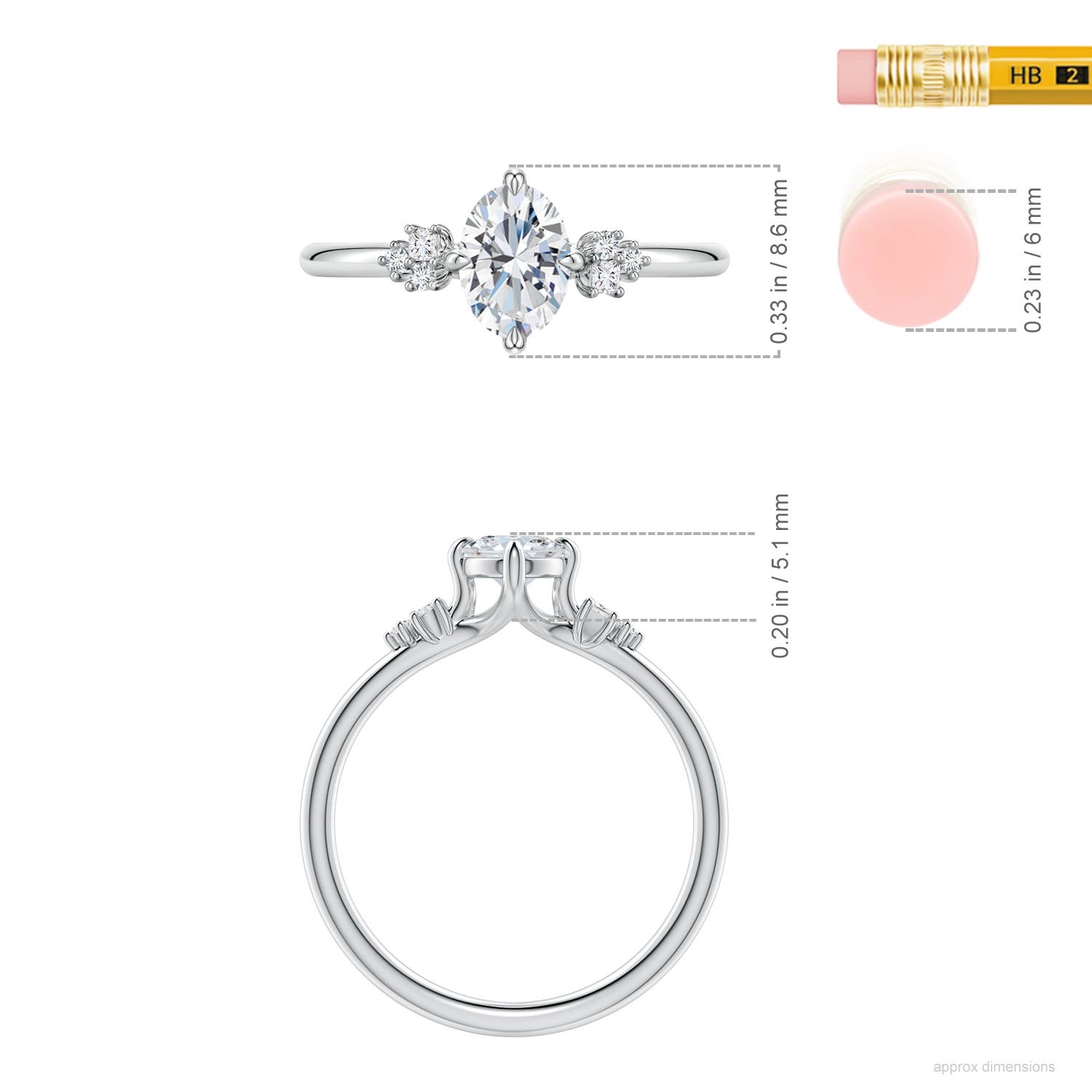 7x5mm FGVS Oval Lab-Grown Diamond Engagement Ring with Mixed Cut Accents in White Gold - ruler