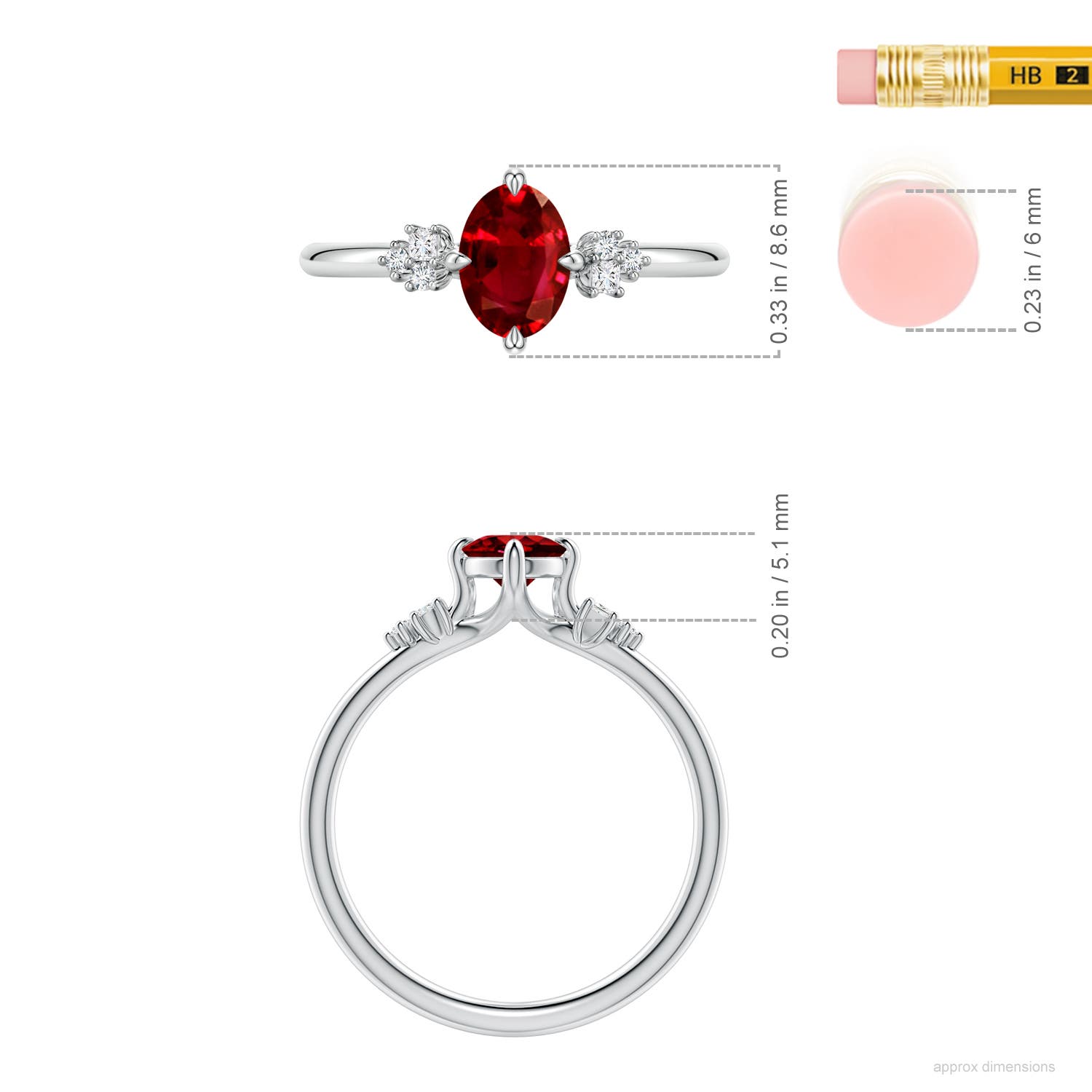 7x5mm Labgrown Lab-Grown Oval Ruby Engagement Ring with Mixed Cut Diamonds in White Gold - ruler