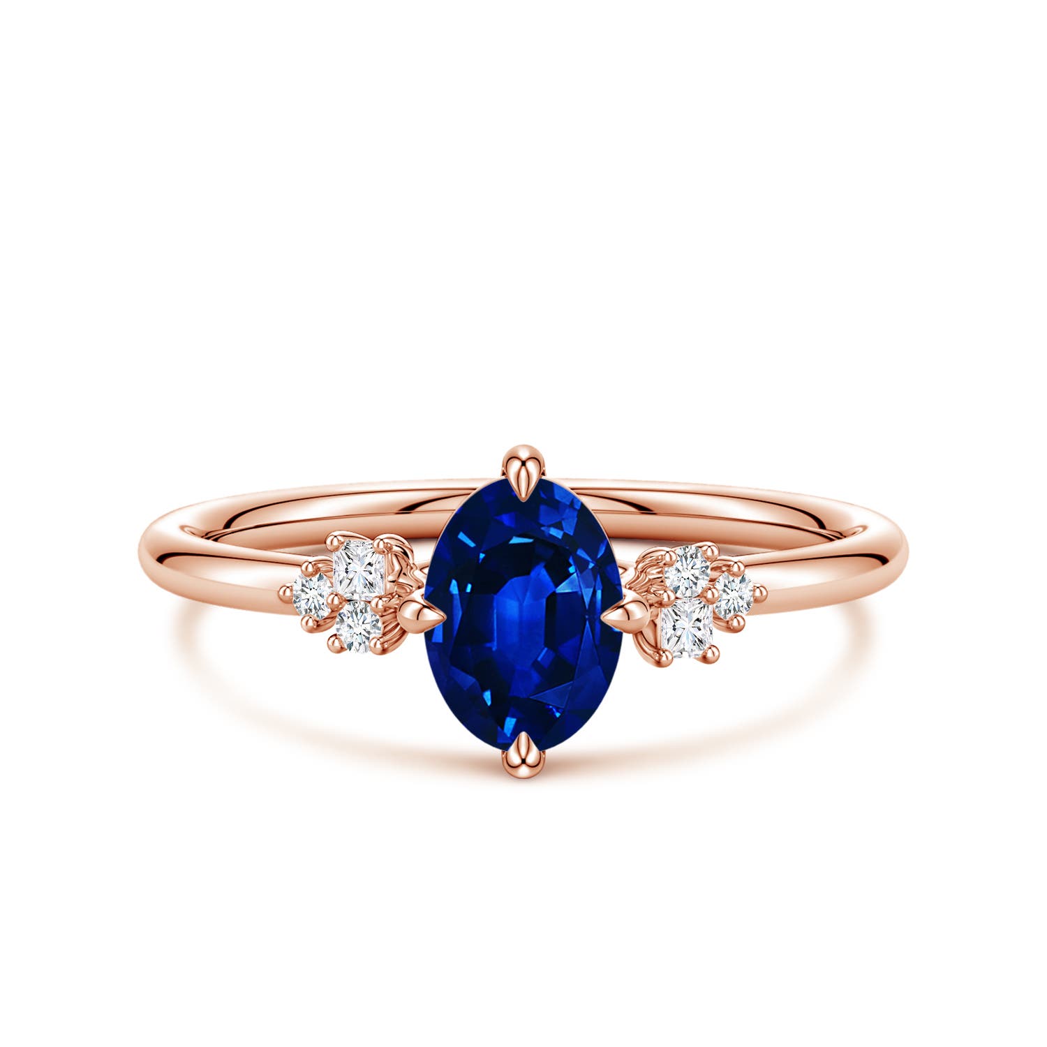 Angara 0.85 Carat Lab-Grown Oval Blue Sapphire Engagement Ring with Mixed Cut Diamonds in 18K Rose Gold