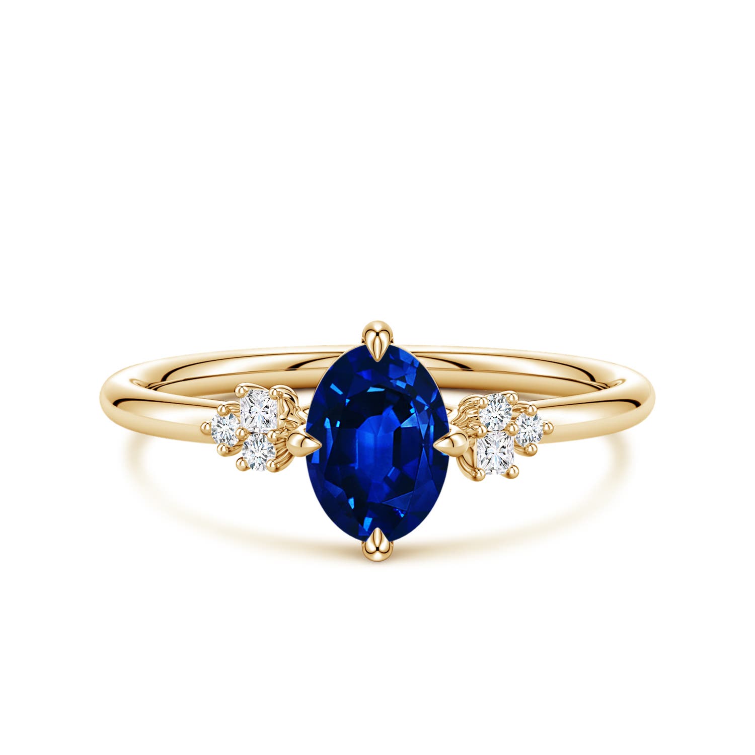 Angara 0.85 Carat Lab-Grown Oval Blue Sapphire Engagement Ring with Mixed Cut Diamonds in 18K Yellow Gold