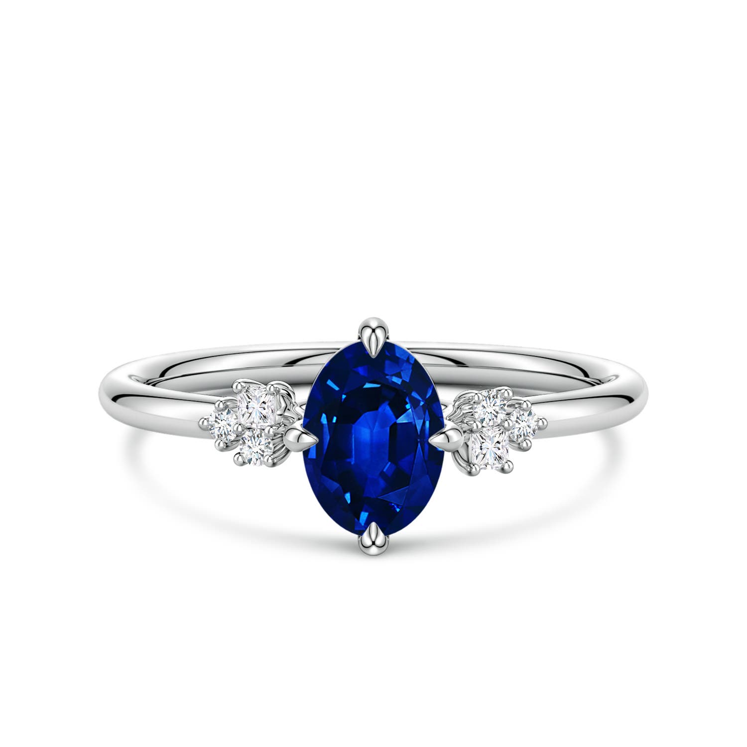 7x5mm Labgrown Lab-Grown Oval Blue Sapphire Engagement Ring with Mixed Cut Diamonds in White Gold