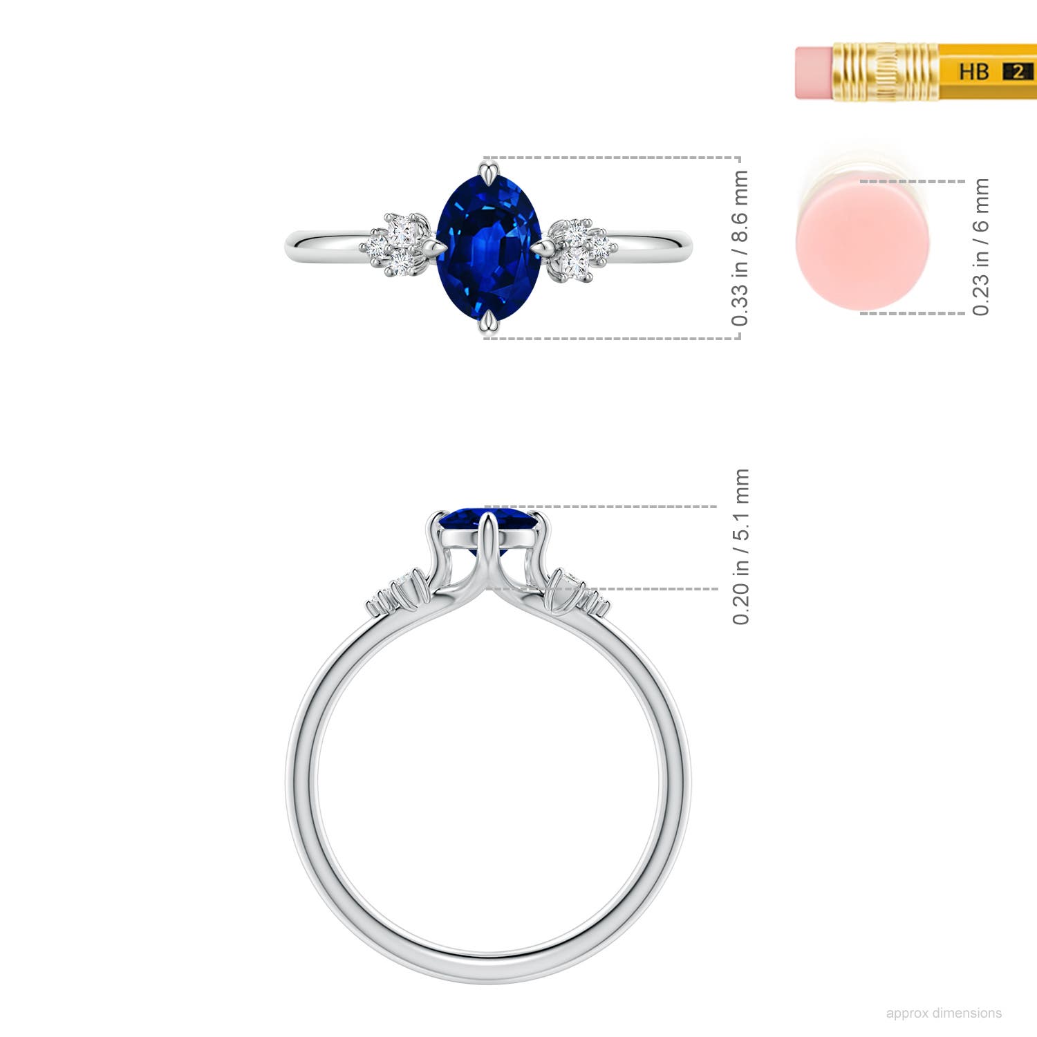 7x5mm Labgrown Lab-Grown Oval Blue Sapphire Engagement Ring with Mixed Cut Diamonds in White Gold - ruler
