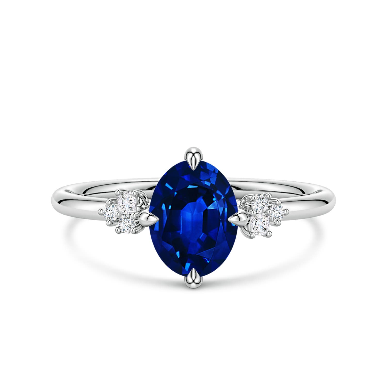 Angara 1.55 Carats Lab-Grown Oval Blue Sapphire Engagement Ring with Mixed Cut Diamonds in 18K White Gold