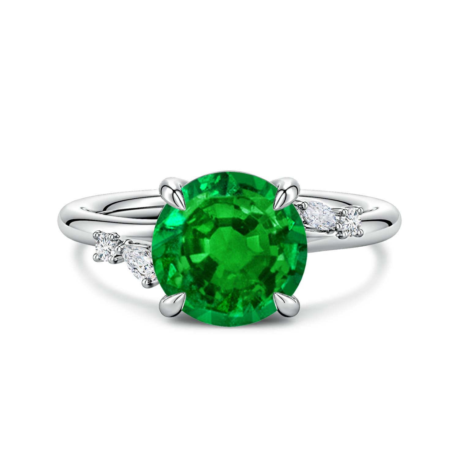 Angara 2.5 Carats Round Lab-Grown Emerald Engagement Ring with Multi-Shape Diamond Accents in Platinum