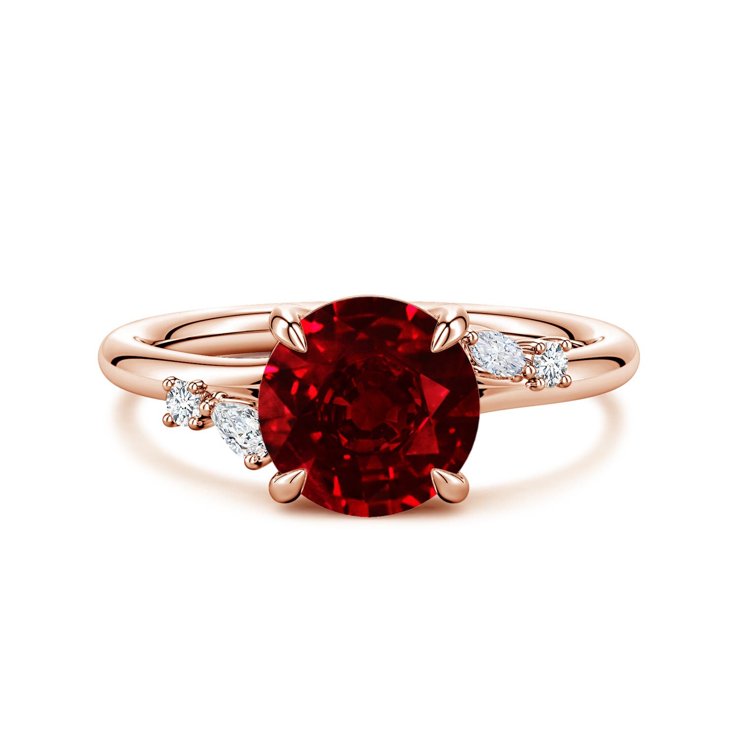 Angara 2.1 Carats Round Lab-Grown Ruby Engagement Ring with Multi-Shape Diamond Accents in 18K Rose Gold