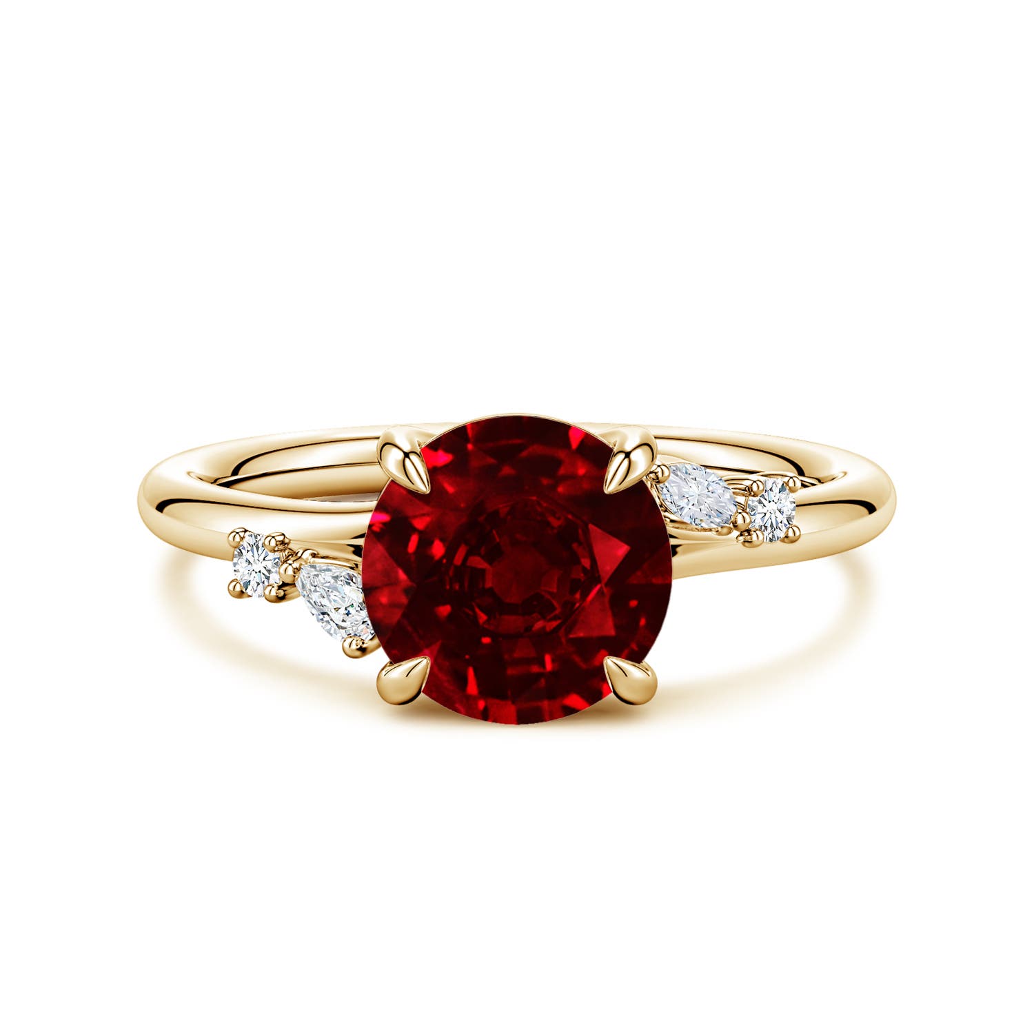 Angara 2.1 Carats Round Lab-Grown Ruby Engagement Ring with Multi-Shape Diamond Accents in 18K Yellow Gold