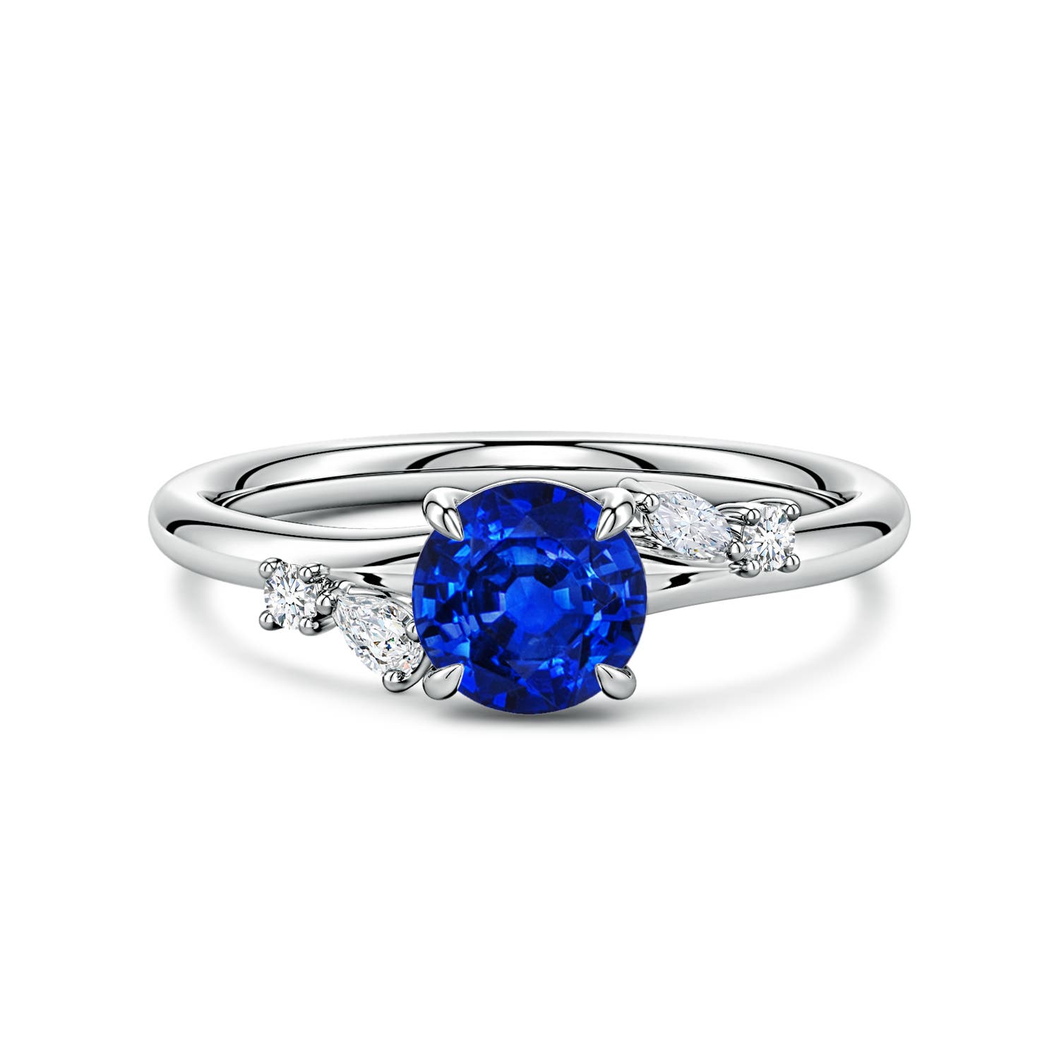 Angara 1.0 Carat Round Lab-Grown Blue Sapphire Engagement Ring with Multi-Shape Diamond Accents in 18K White Gold