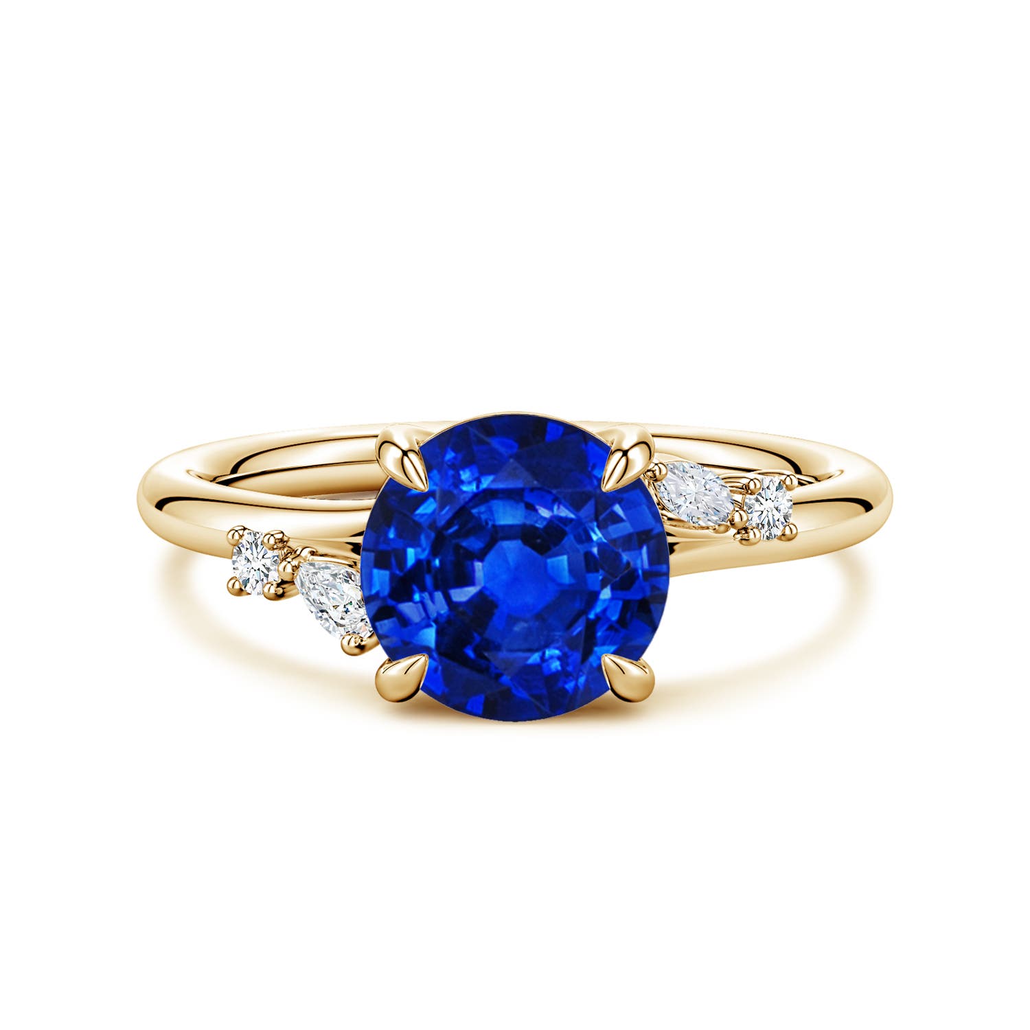 Angara 2.2 Carats Round Lab-Grown Blue Sapphire Engagement Ring with Multi-Shape Diamond Accents in 18K Yellow Gold