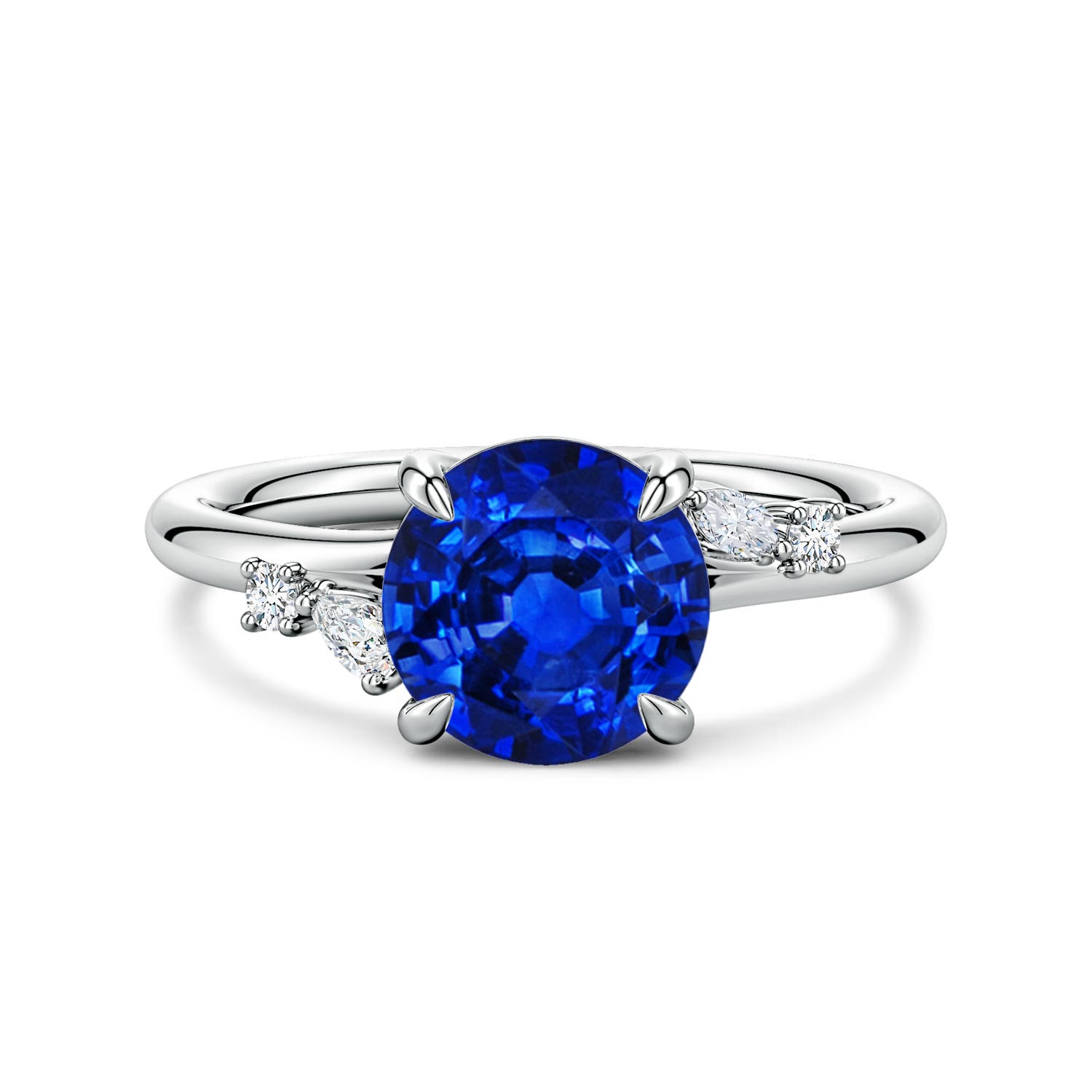 Angara 2.2 Carats Round Lab-Grown Blue Sapphire Engagement Ring with Multi-Shape Diamond Accents in Platinum