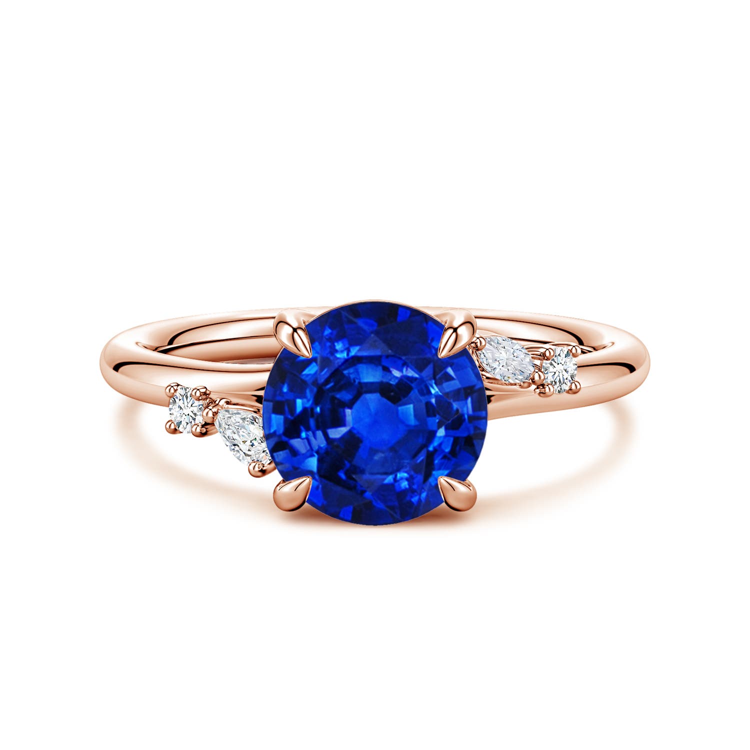 Angara 2.2 Carats Round Lab-Grown Blue Sapphire Engagement Ring with Multi-Shape Diamond Accents in 14K Rose Gold