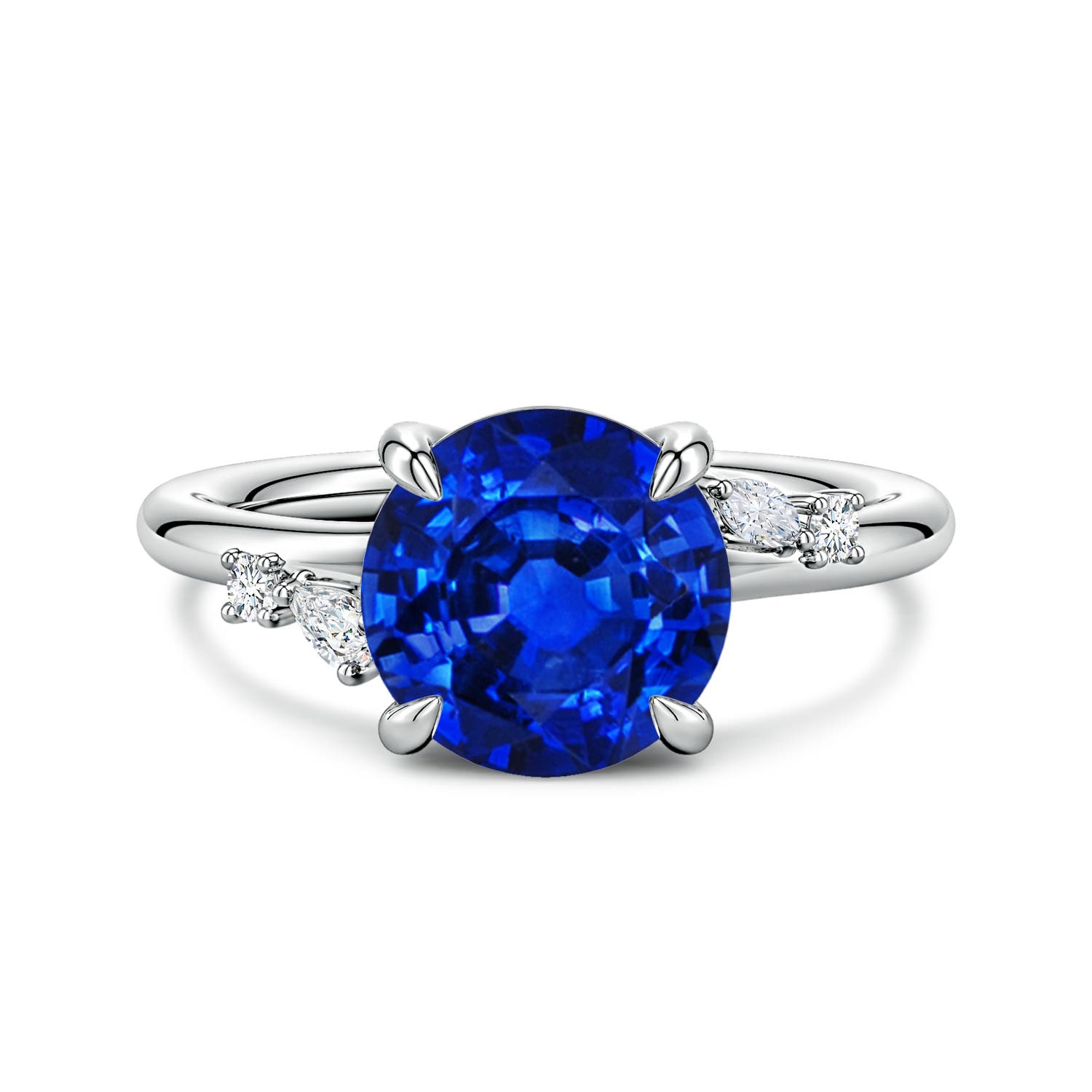 Angara 3.75 Carats Round Lab-Grown Blue Sapphire Engagement Ring with Multi-Shape Diamond Accents in 18K White Gold