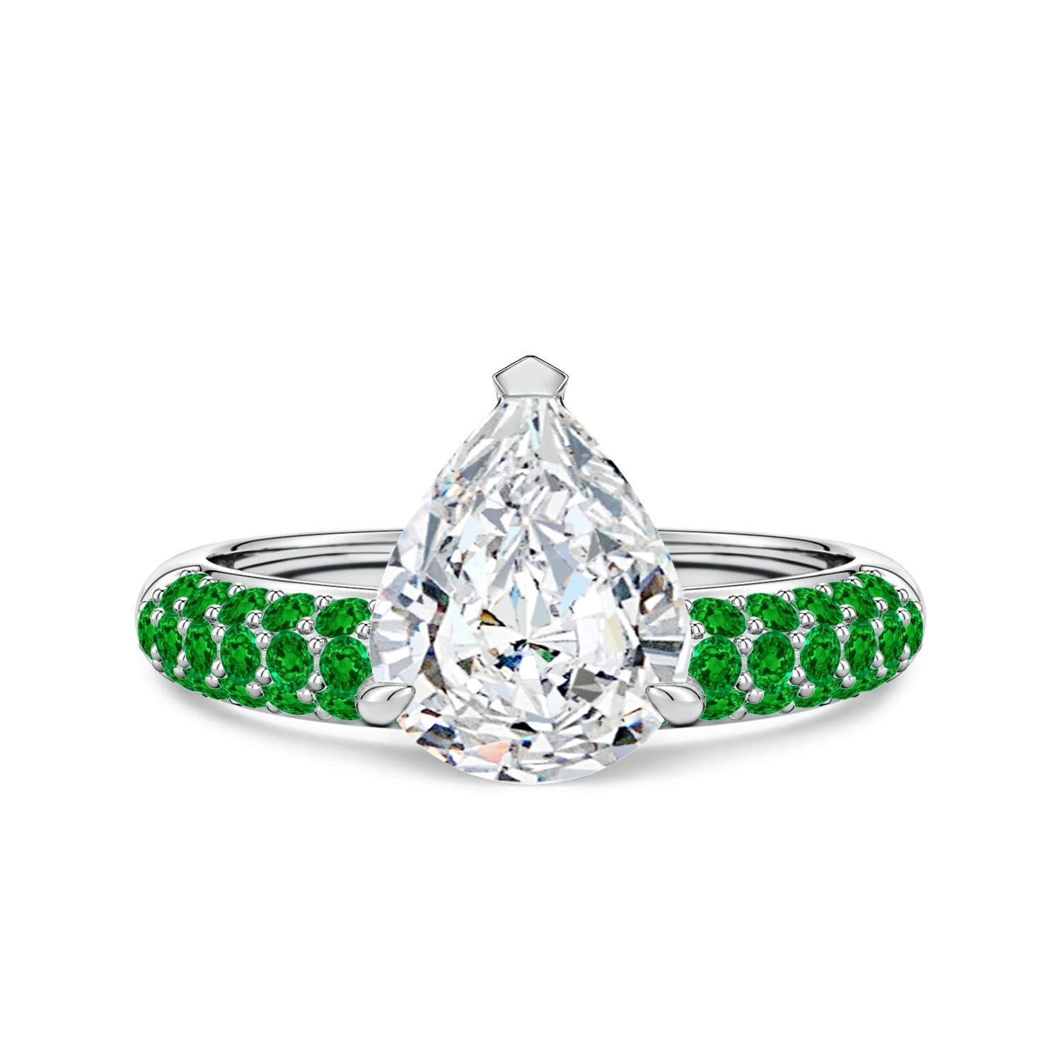 10x8mm FGVS Lab-Grown Off-Centered Pear Diamond Engagement Ring with Emeralds in White Gold