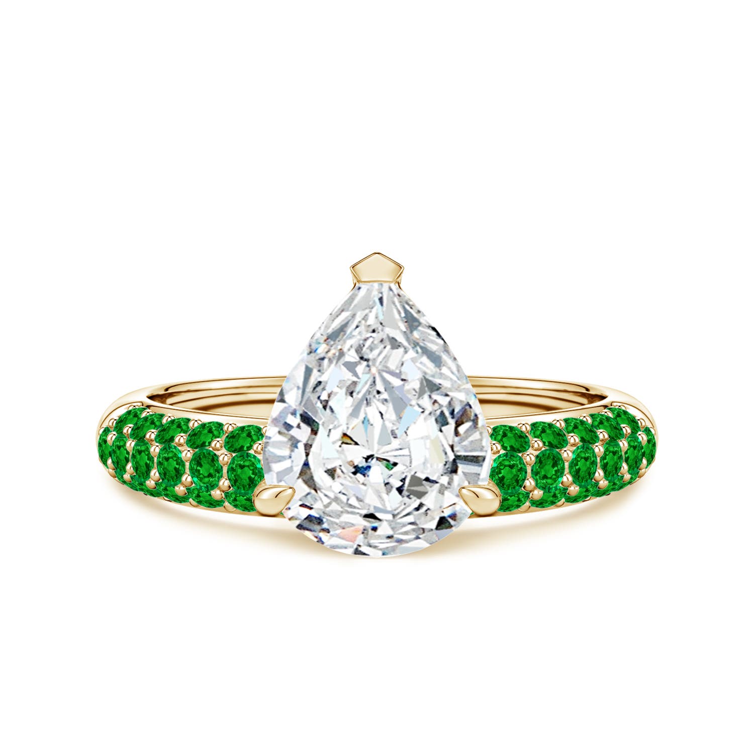 10x8mm FGVS Lab-Grown Off-Centered Pear Diamond Engagement Ring with Emeralds in Yellow Gold