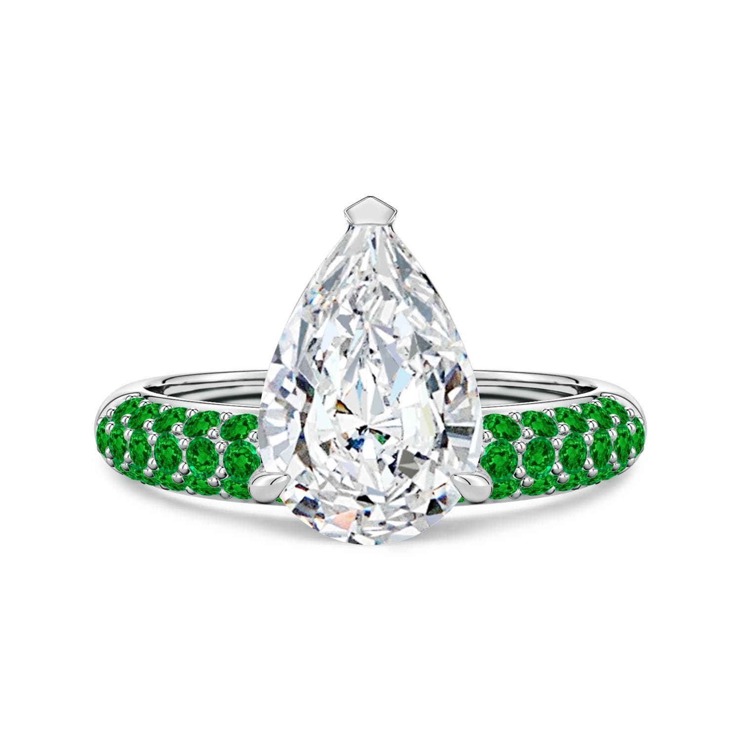 Angara 3.0 Carats Lab-Grown Off-Centered Pear Diamond Engagement Ring with Emeralds in 18K White Gold