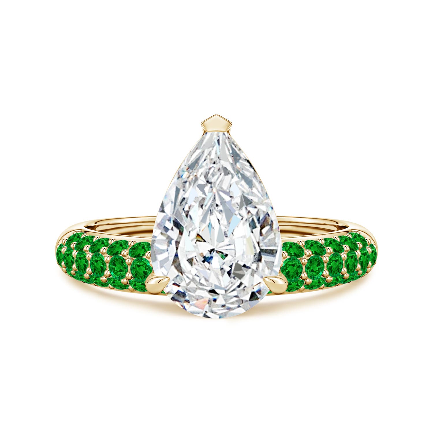 Angara 3.0 Carats Lab-Grown Off-Centered Pear Diamond Engagement Ring with Emeralds in 18K Yellow Gold