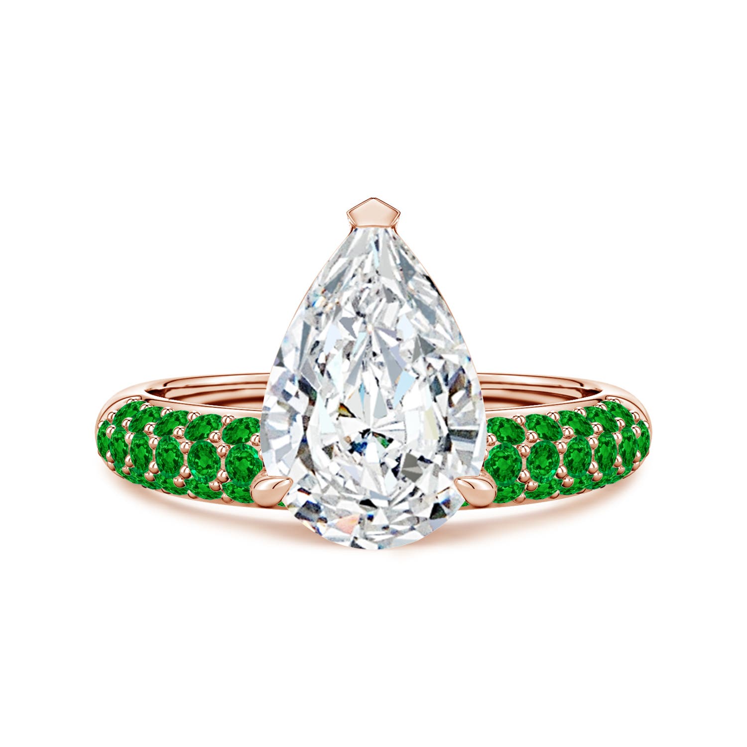 Angara 3.0 Carats Lab-Grown Off-Centered Pear Diamond Engagement Ring with Emeralds in 14K Rose Gold