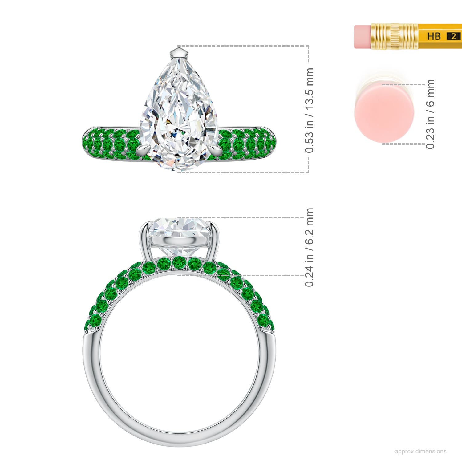 12x8mm FGVS Lab-Grown Off-Centered Pear Diamond Engagement Ring with Emeralds in White Gold - ruler