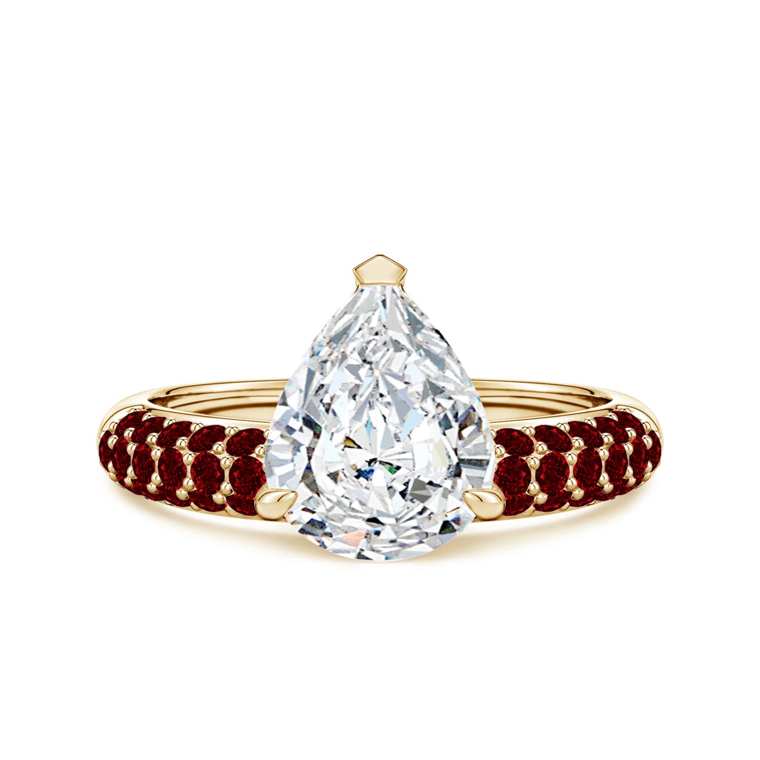 10x8mm FGVS Lab-Grown Off-Centered Pear Diamond Engagement Ring with Rubies in Yellow Gold