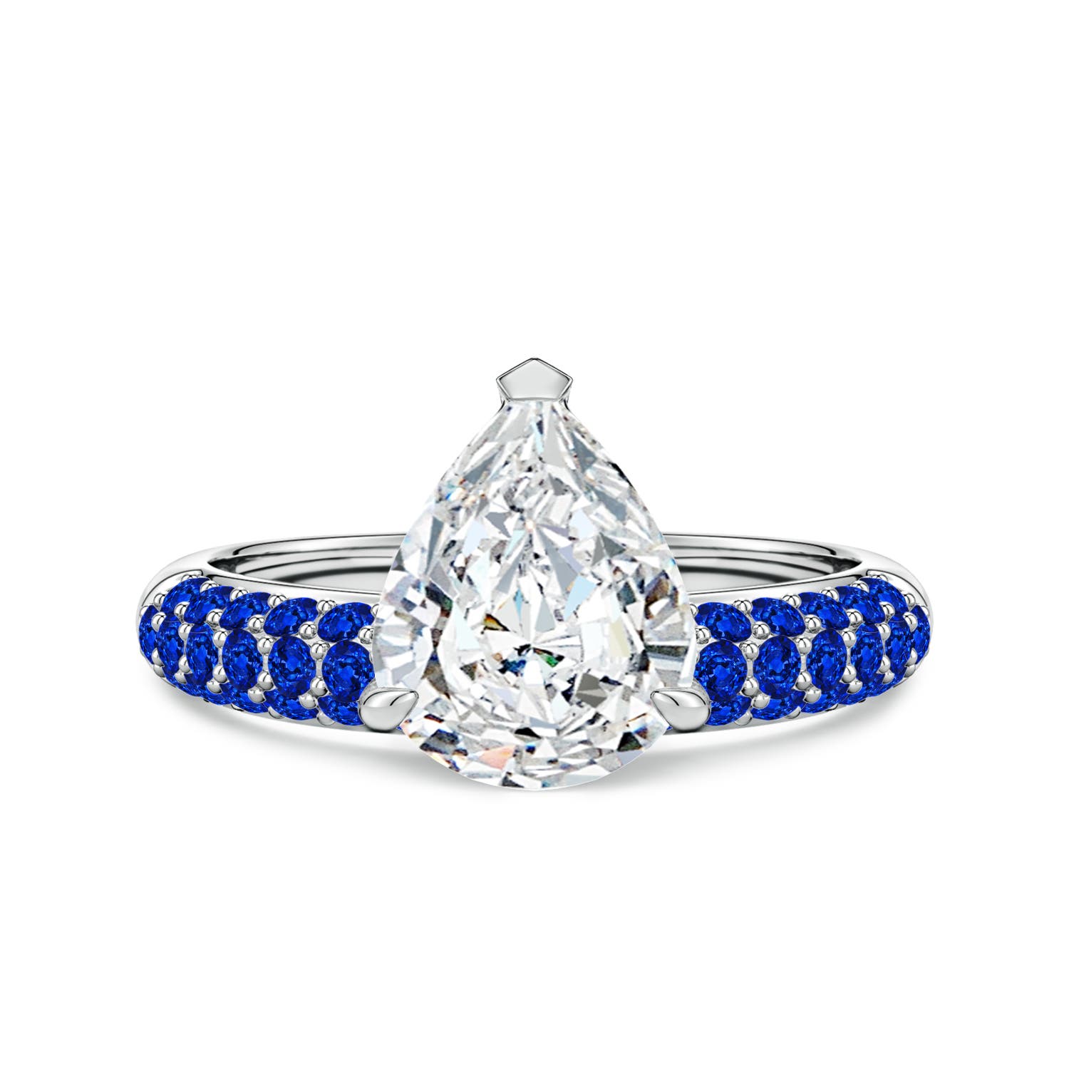 10x8mm FGVS Lab-Grown Off-Centered Pear Diamond Engagement Ring with Blue Sapphires in 18K White Gold