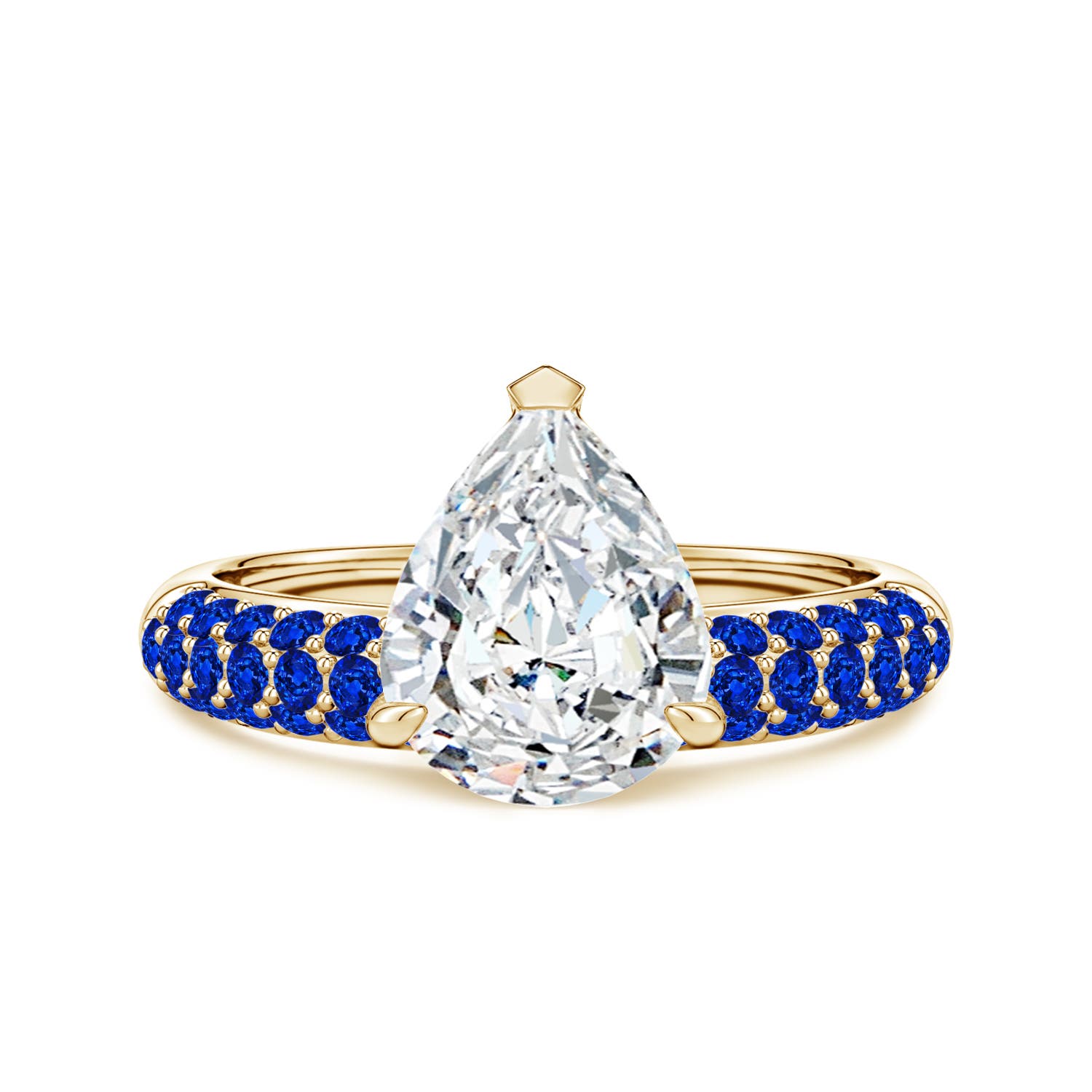 10x8mm FGVS Lab-Grown Off-Centered Pear Diamond Engagement Ring with Blue Sapphires in Yellow Gold