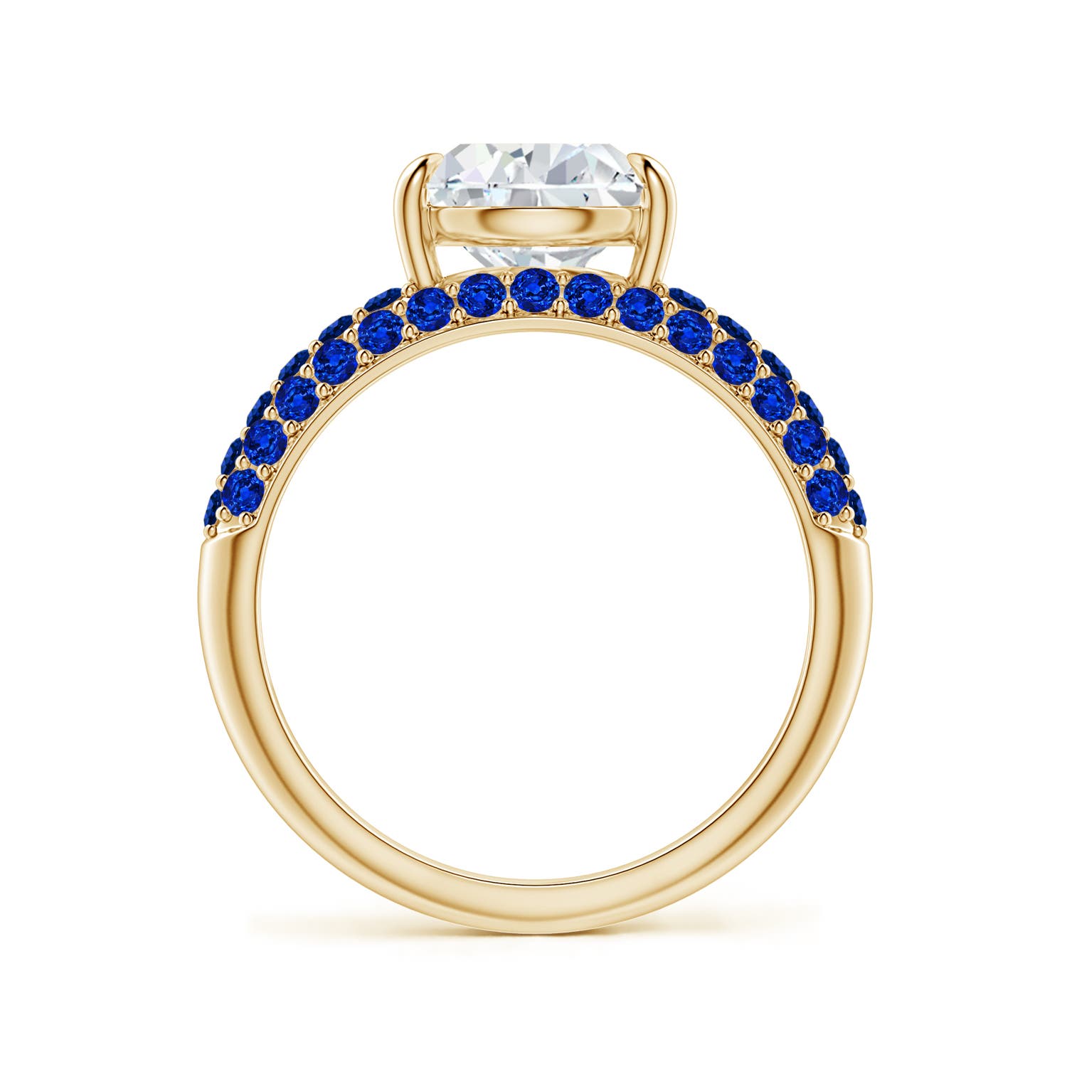 10x8mm FGVS Lab-Grown Off-Centered Pear Diamond Engagement Ring with Blue Sapphires in Yellow Gold