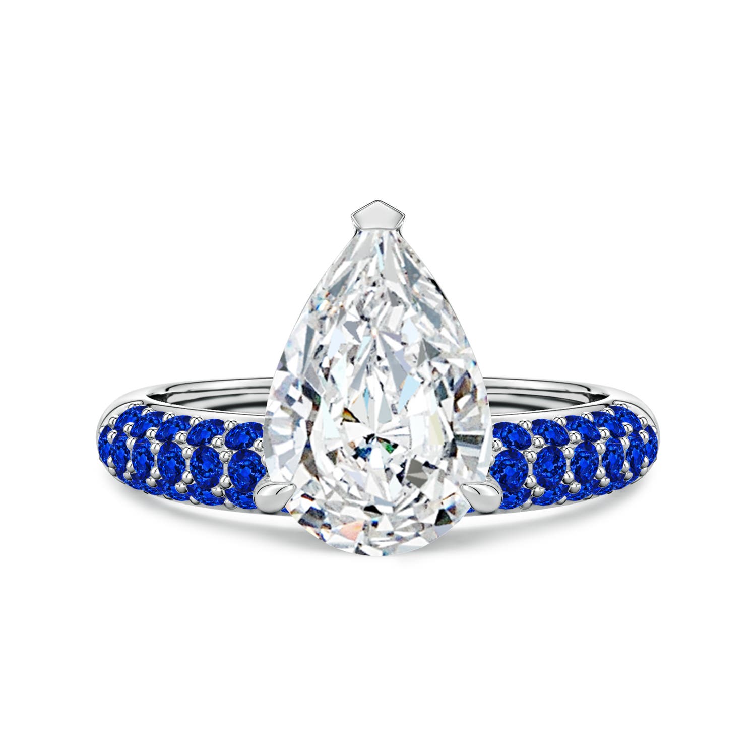 Angara 3.0 Carats Lab-Grown Off-Centered Pear Diamond Engagement Ring with Blue Sapphires in 18K White Gold