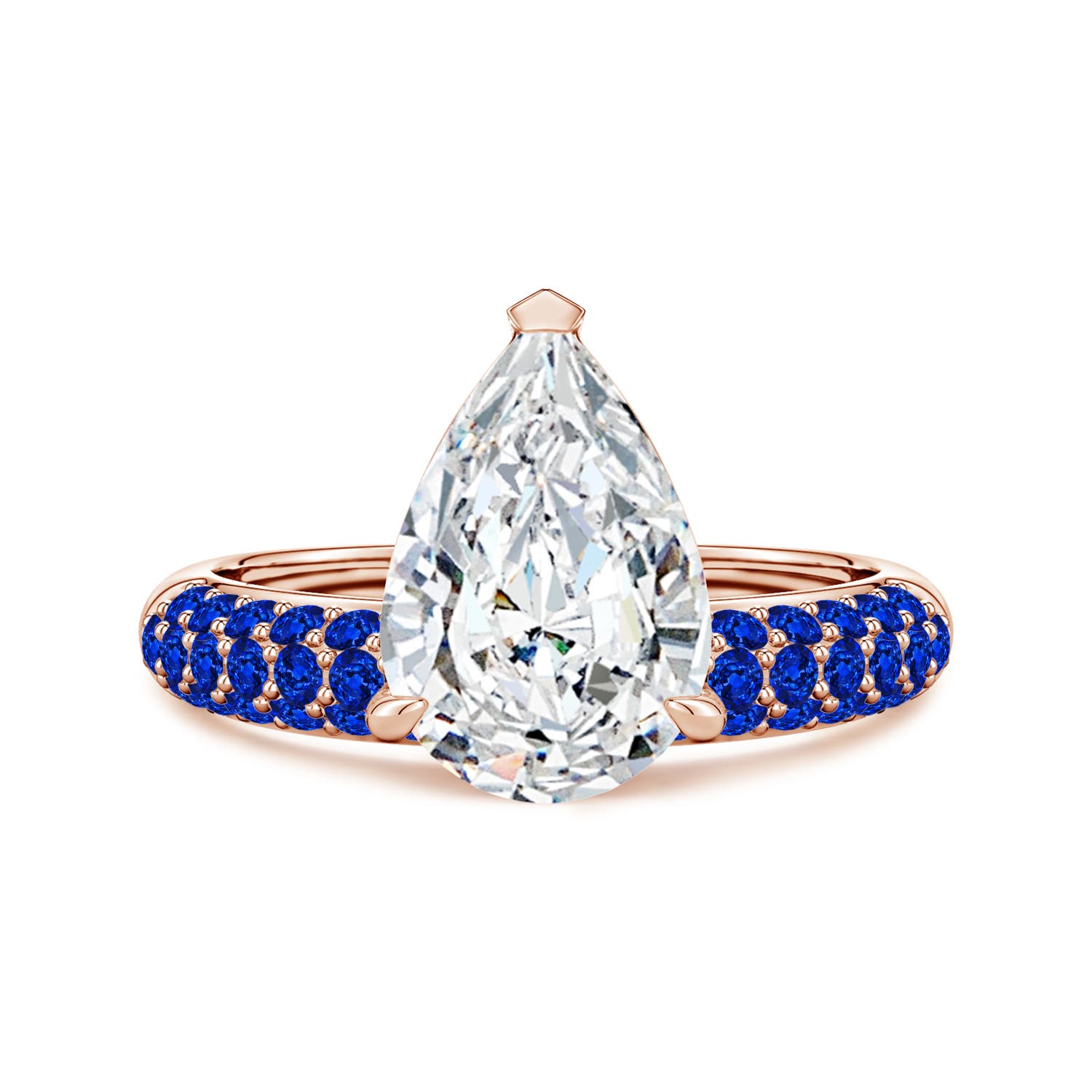 Angara 3.0 Carats Lab-Grown Off-Centered Pear Diamond Engagement Ring with Blue Sapphires in 14K Rose Gold