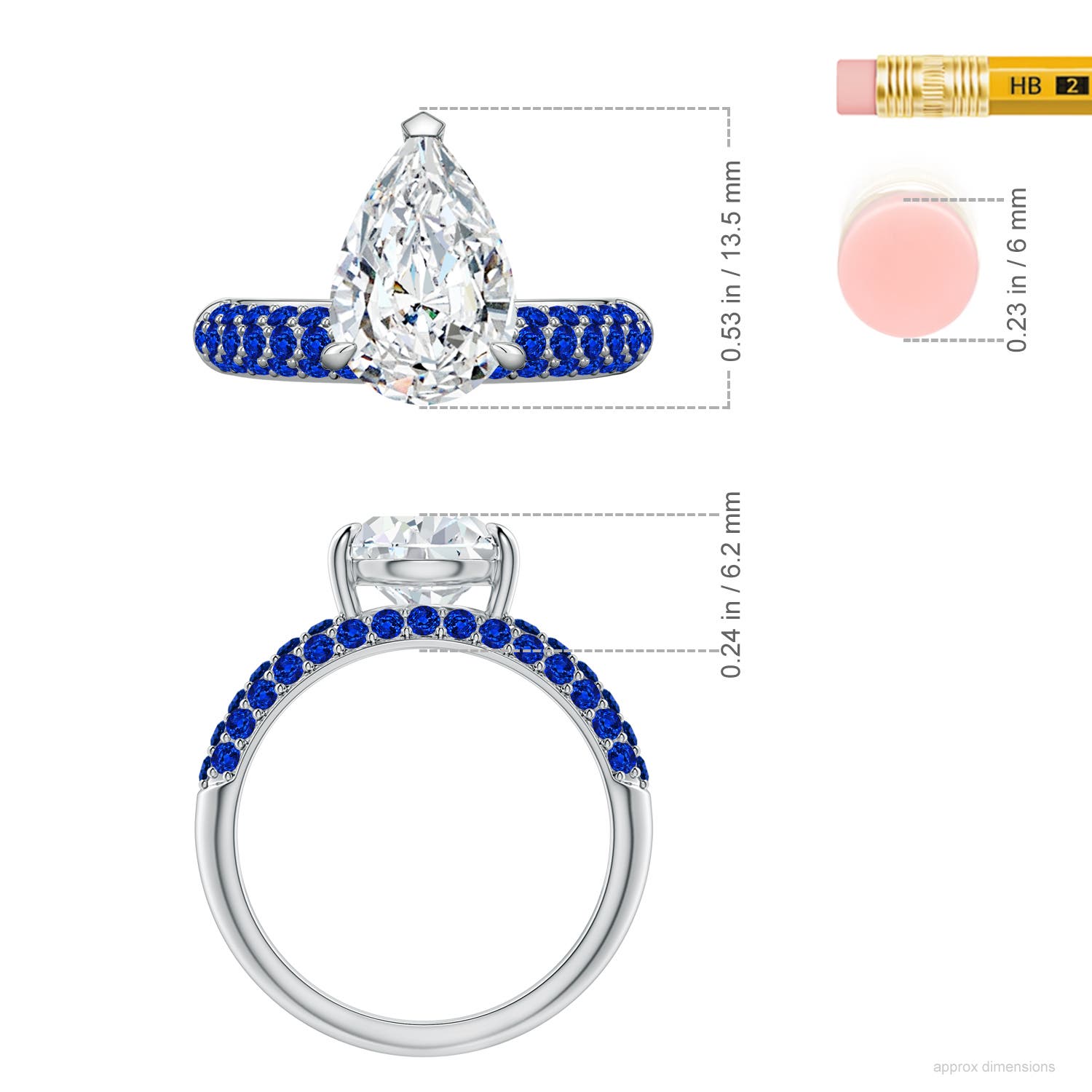 12x8mm FGVS Lab-Grown Off-Centered Pear Diamond Engagement Ring with Blue Sapphires in White Gold - ruler