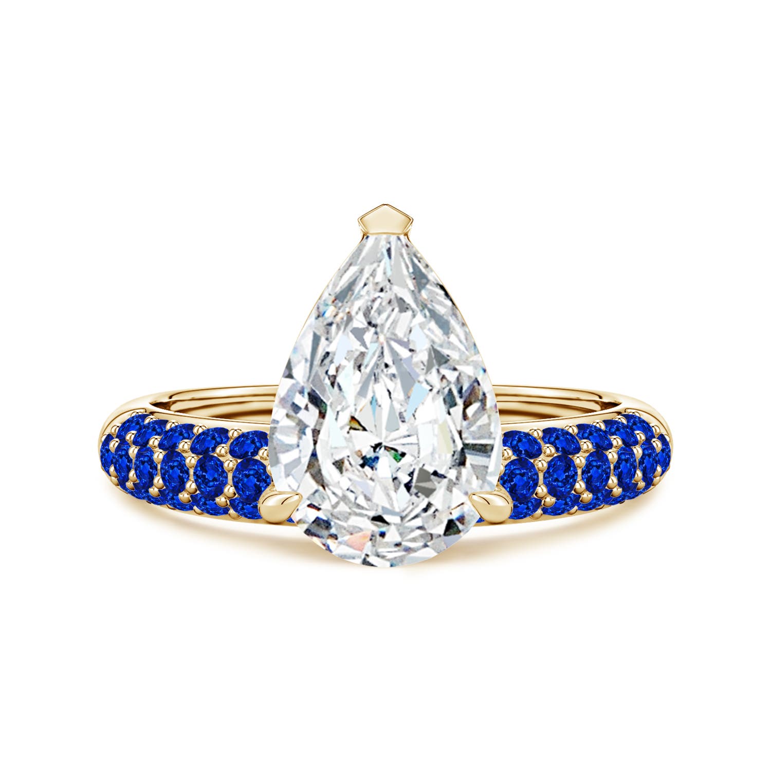 Angara 3.0 Carats Lab-Grown Off-Centered Pear Diamond Engagement Ring with Blue Sapphires in 14K Yellow Gold