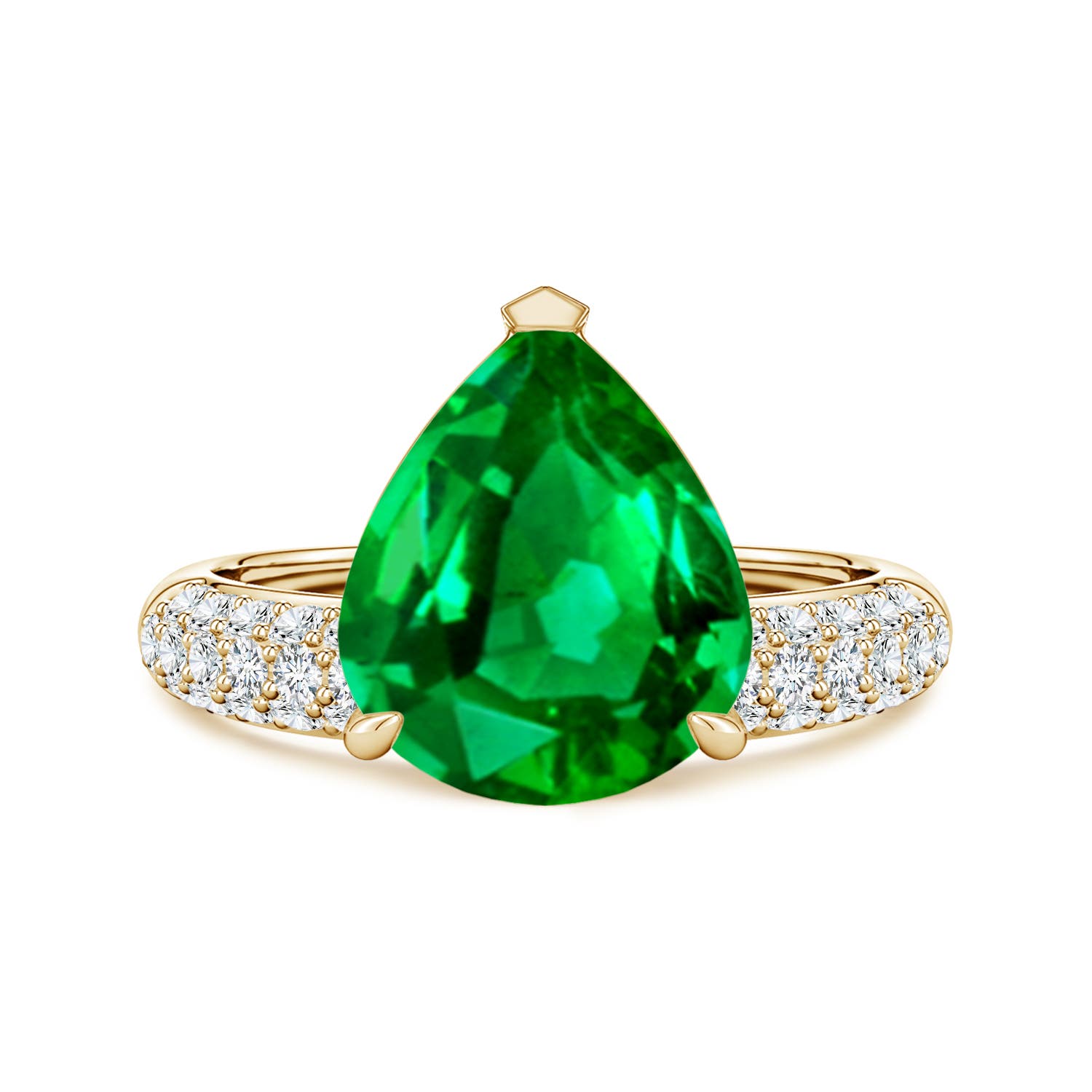 Angara 4.14 Carats Lab-Grown Off-Centered Pear Emerald Engagement Ring with Diamonds in 14K Yellow Gold