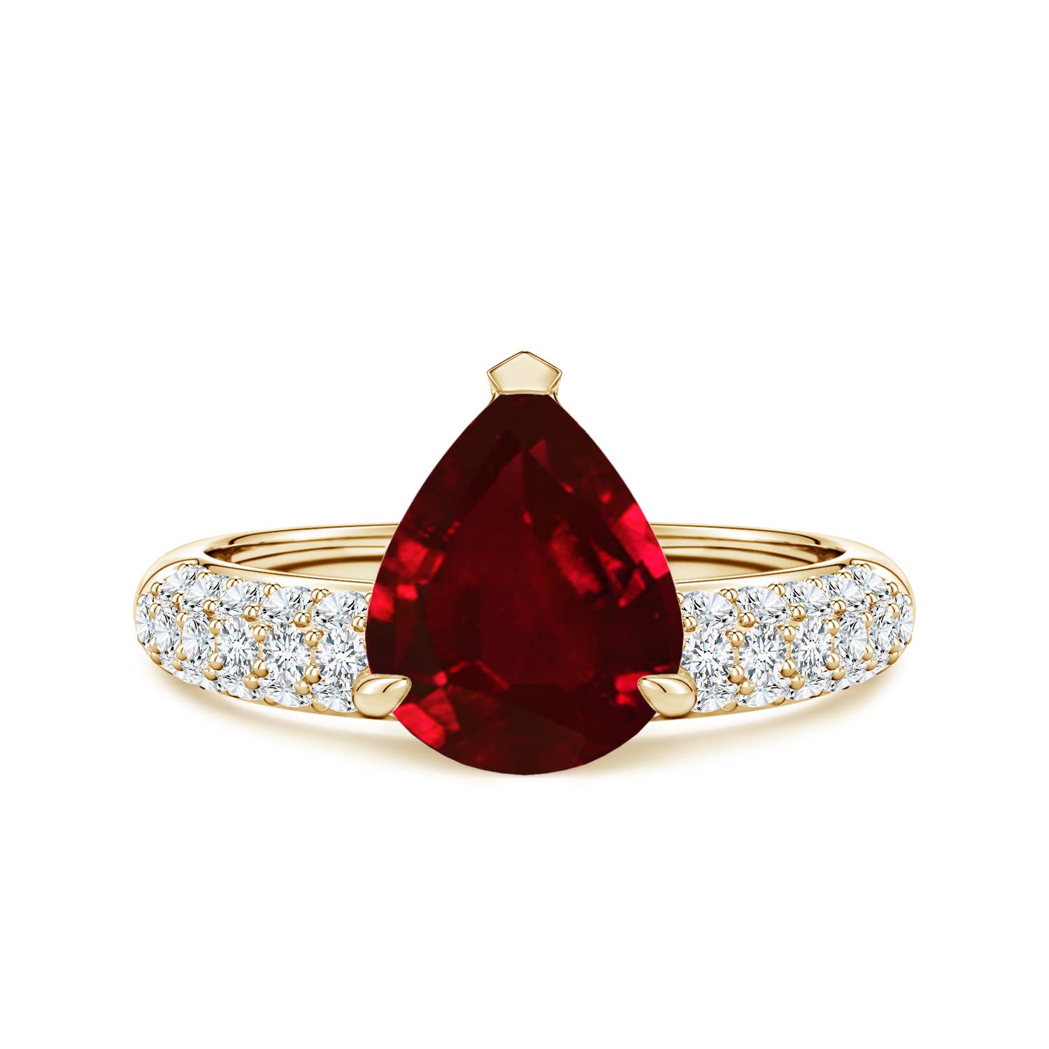 Angara 2.7 Carats Lab-Grown Off-Centered Pear Ruby Engagement Ring with Diamonds in 18K Yellow Gold