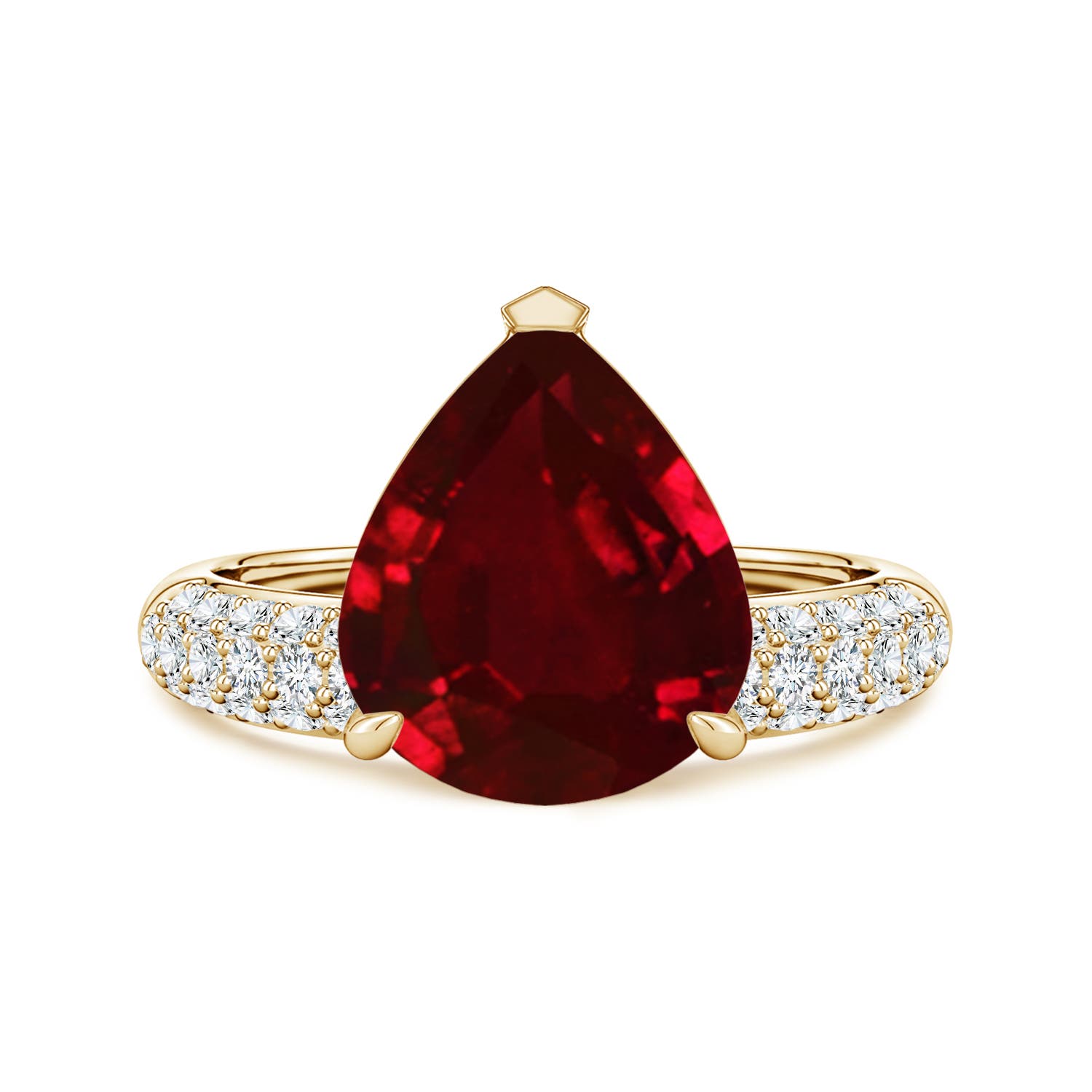 Angara 5.0 Carats Lab-Grown Off-Centered Pear Ruby Engagement Ring with Diamonds in 18K Yellow Gold