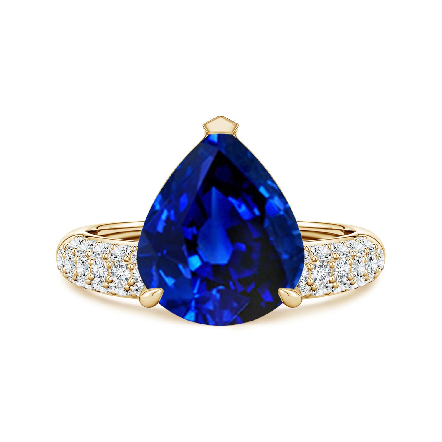 Angara 5.0 Carats Lab-Grown Off-Centered Pear Blue Sapphire Engagement Ring with Diamonds in 14K Yellow Gold