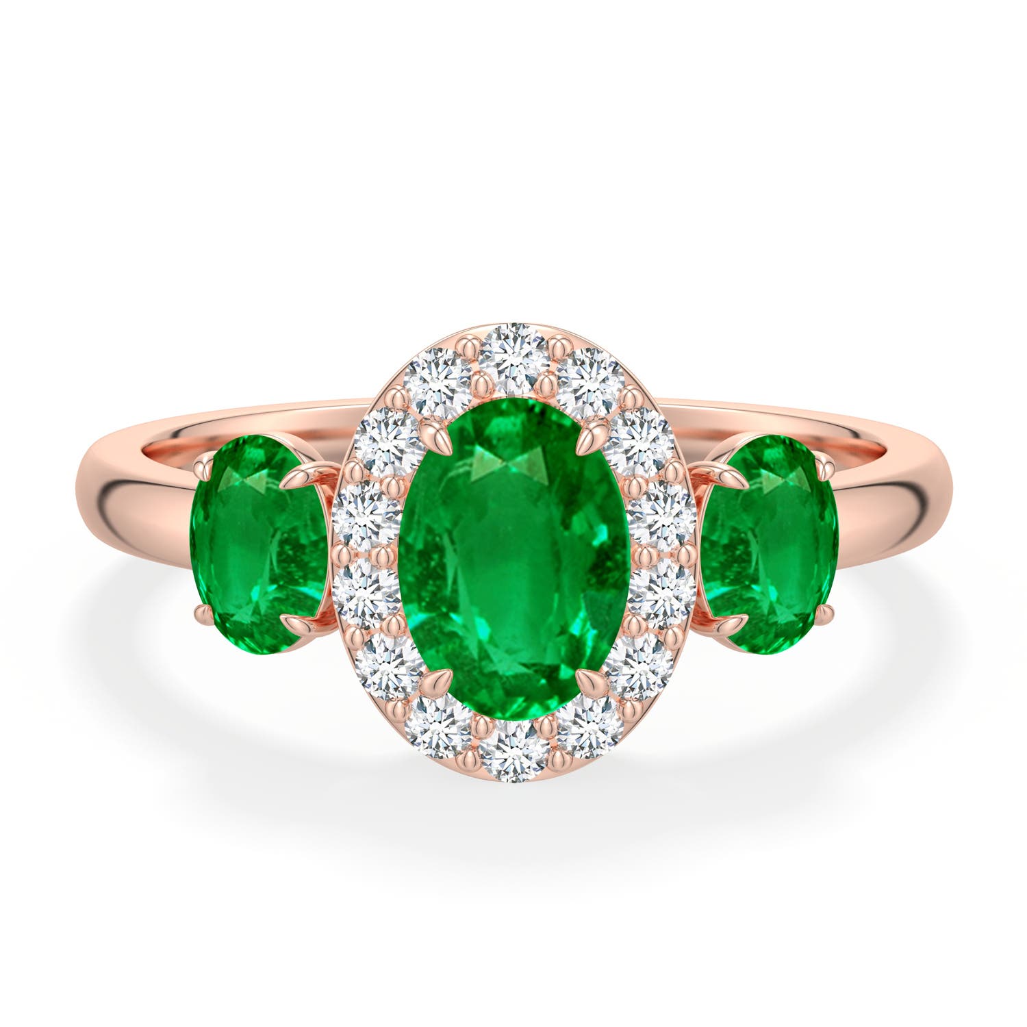 7x5mm Labgrown Claw Prong Oval Lab-Grown Emerald Halo Three-Stone Ring in Rose Gold - main