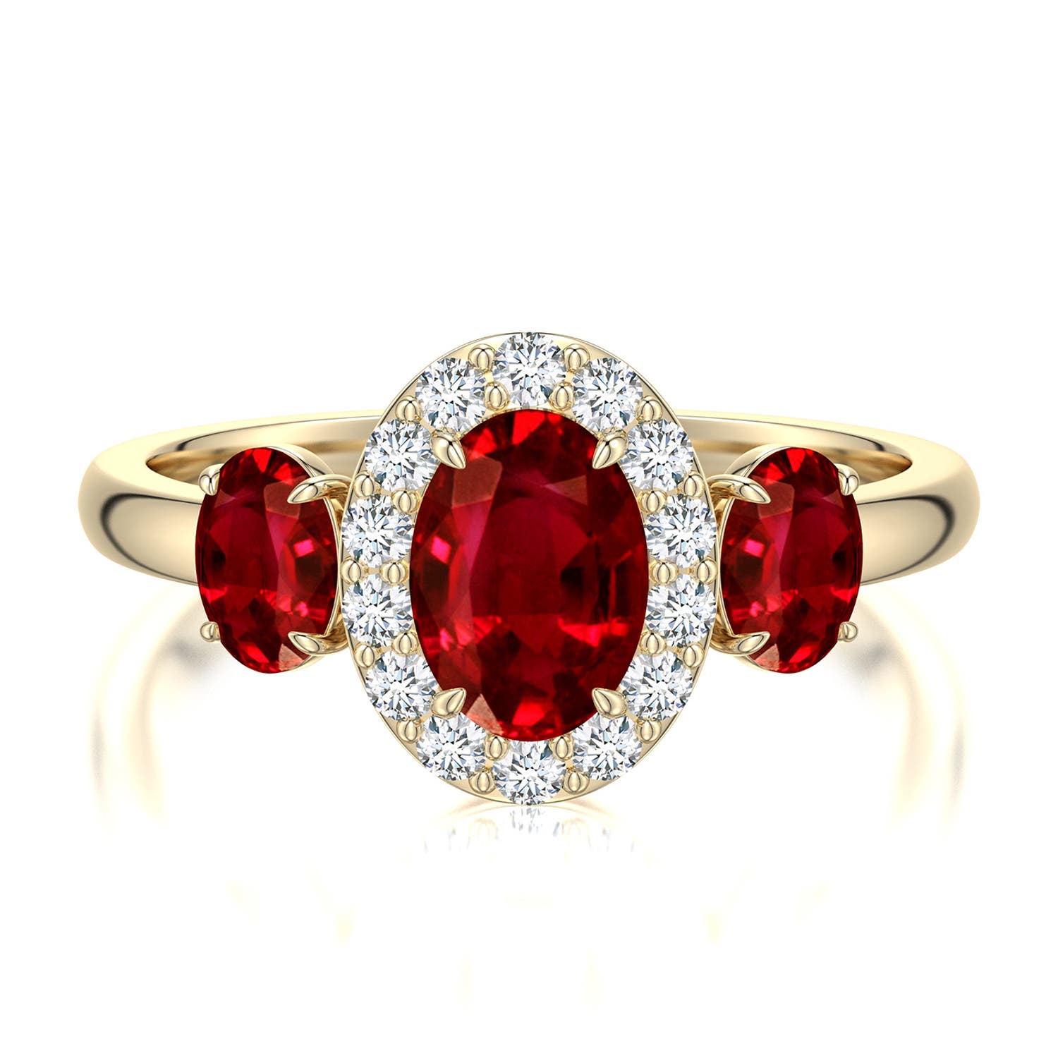 7x5mm Labgrown Claw Prong Oval Lab-Grown Blue Sapphire Halo Three-Stone Ring in 18K Yellow Gold