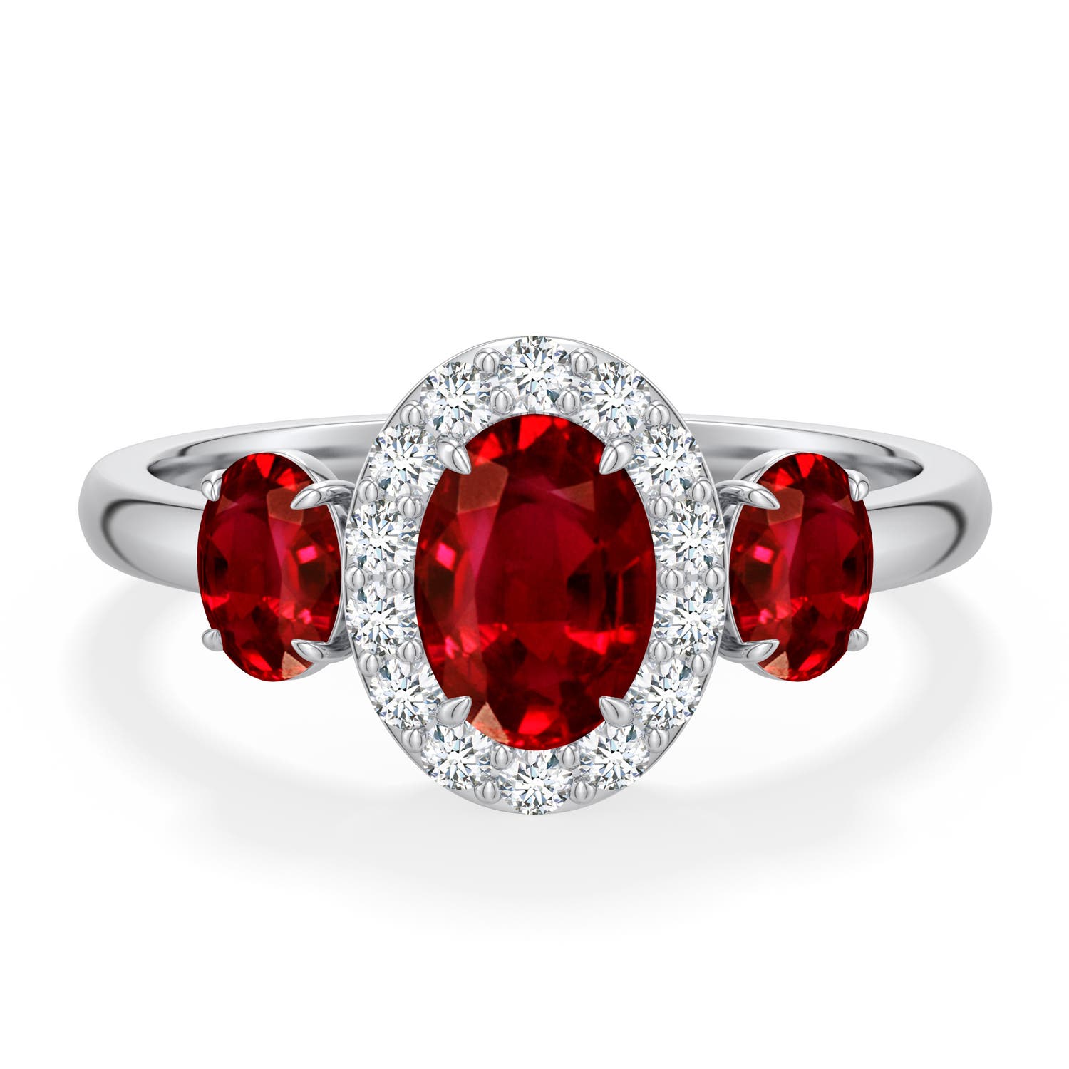 7x5mm Labgrown Claw Prong Oval Lab-Grown Ruby Halo Three-Stone Ring in White Gold - main