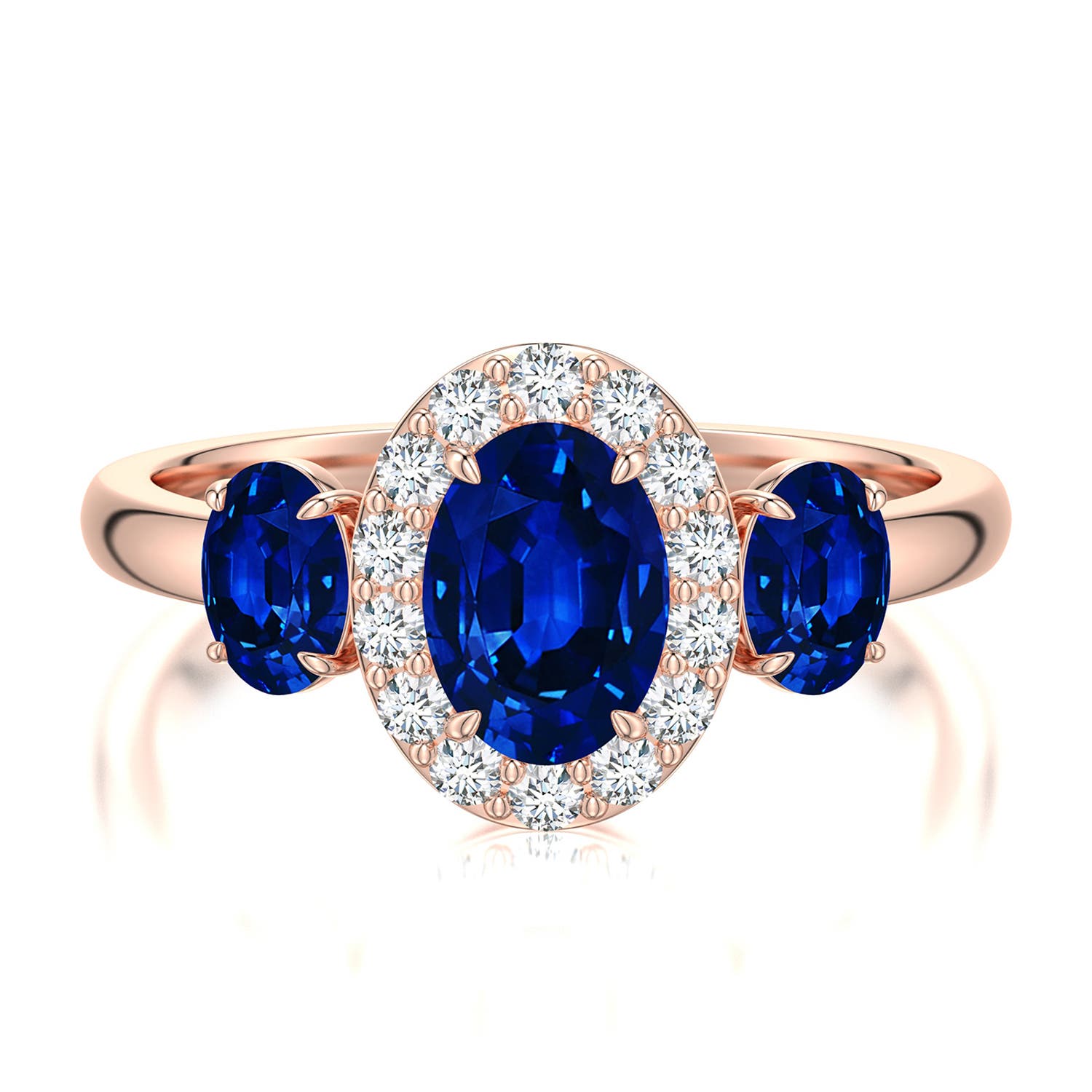 7x5mm Labgrown Claw Prong Oval Lab-Grown Emerald Halo Three-Stone Ring in 18K Rose Gold
