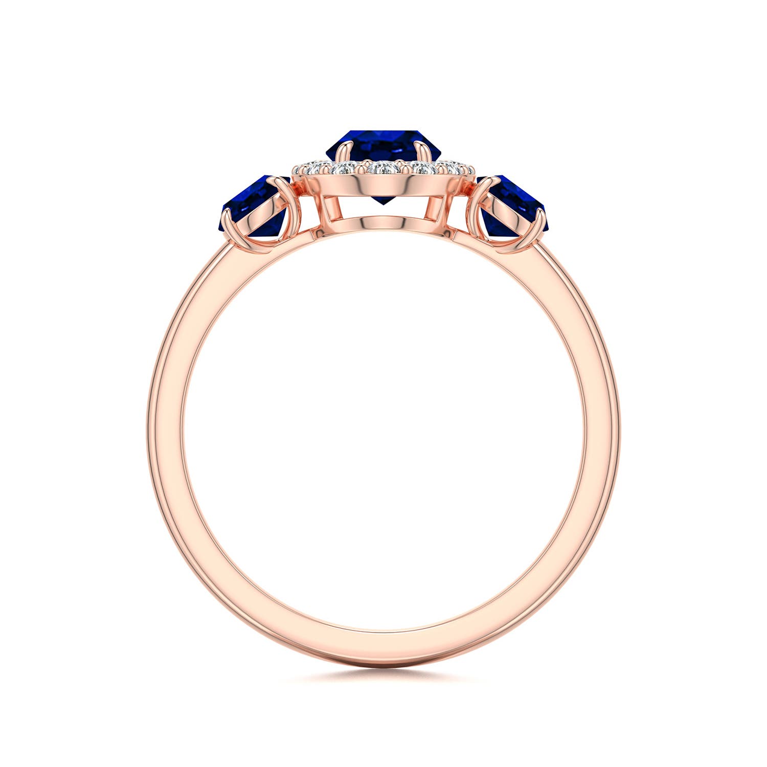 7x5mm Labgrown Claw Prong Oval Lab-Grown Emerald Halo Three-Stone Ring in 18K Rose Gold