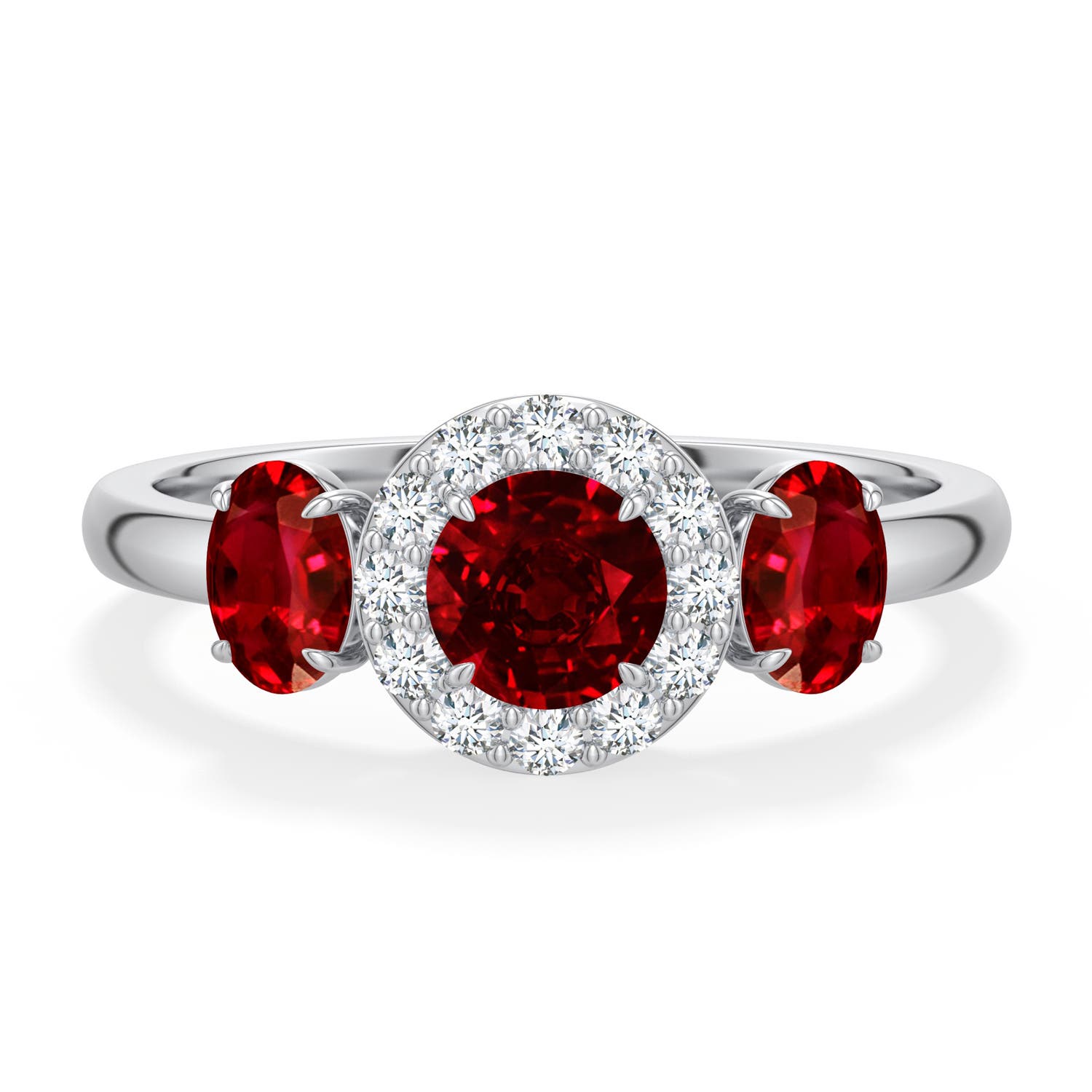 5mm Labgrown Round and Oval Lab-Grown Ruby Halo Three-Stone Ring in White Gold - main