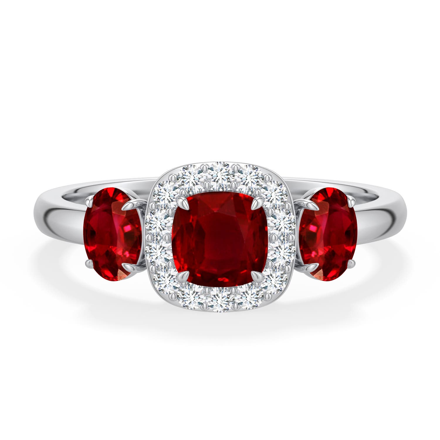 5mm Labgrown Cushion and Oval Lab-Grown Ruby Halo Three-Stone Ring in White Gold - main