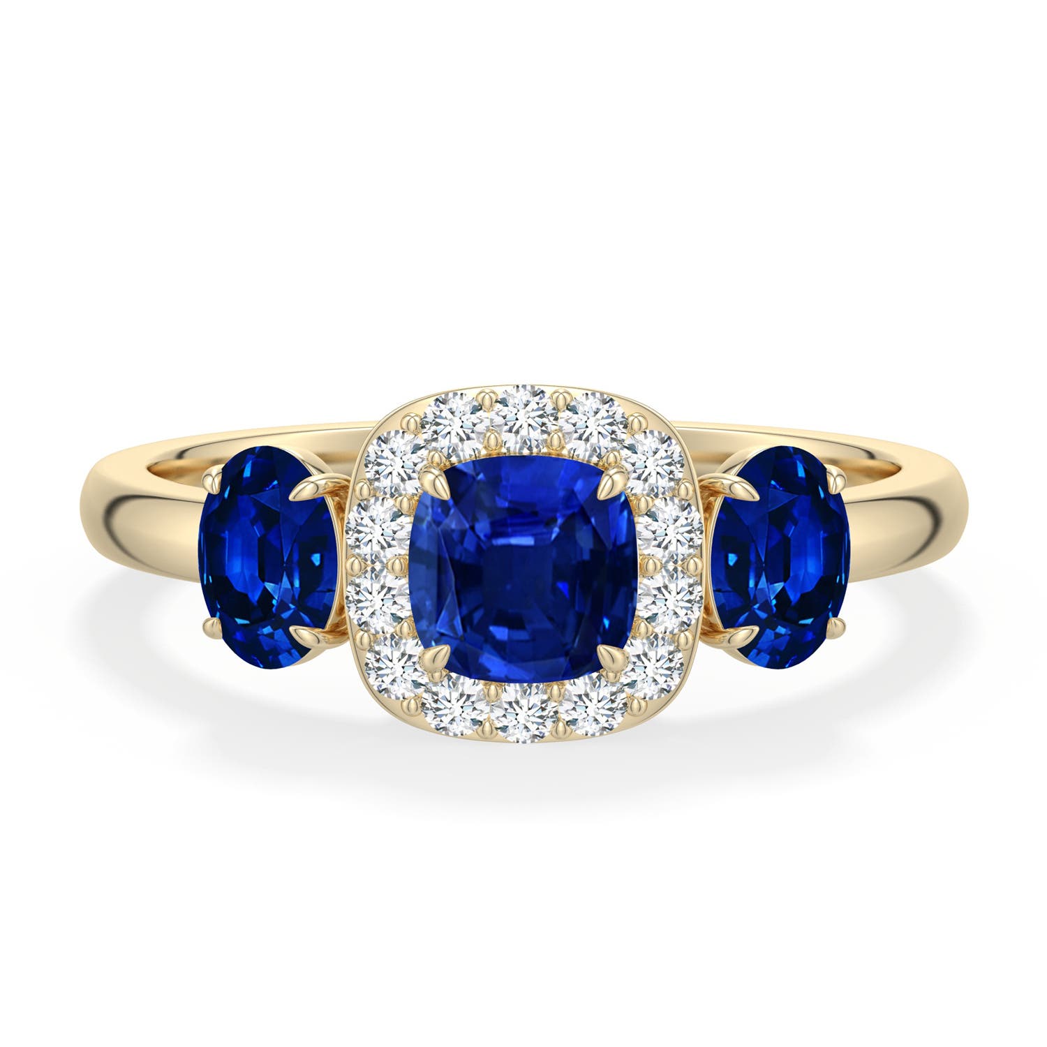 5mm Labgrown Cushion and Oval Lab-Grown Blue Sapphire Halo Three-Stone Ring in Yellow Gold - main