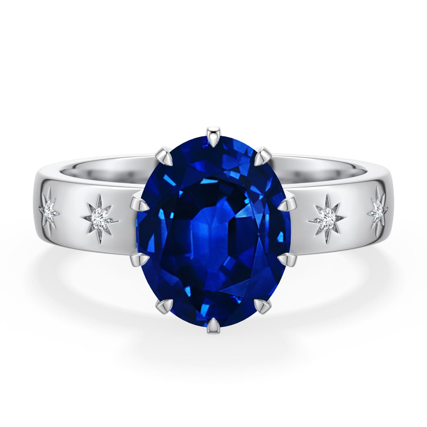 10x8mm Labgrown Oval Lab-Grown Blue Sapphire Starburst Engagement Ring in 18K White Gold - main