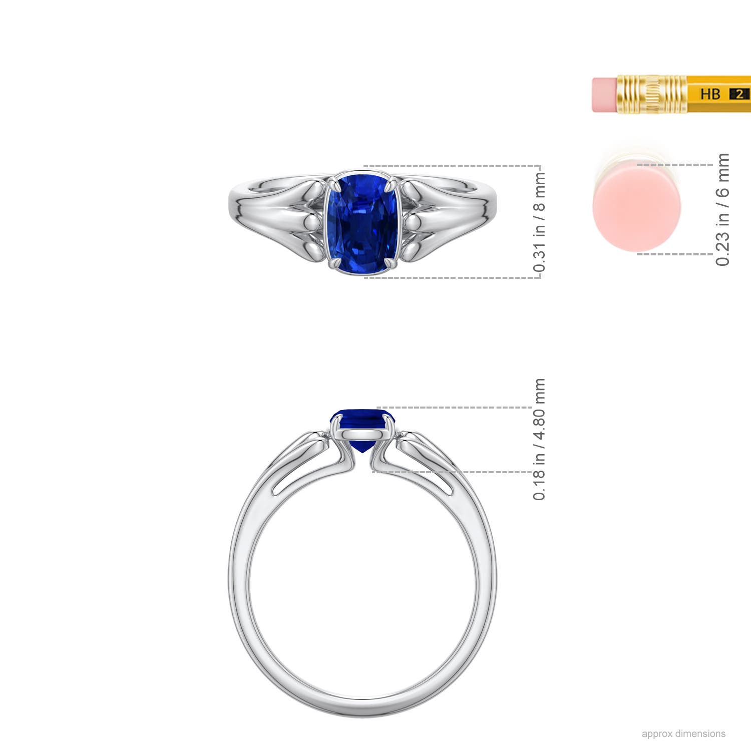 7x5mm Labgrown Cushion Rectangular Lab-Grown Blue Sapphire Scrollwork Engagement Ring in White Gold - ruler - ruler