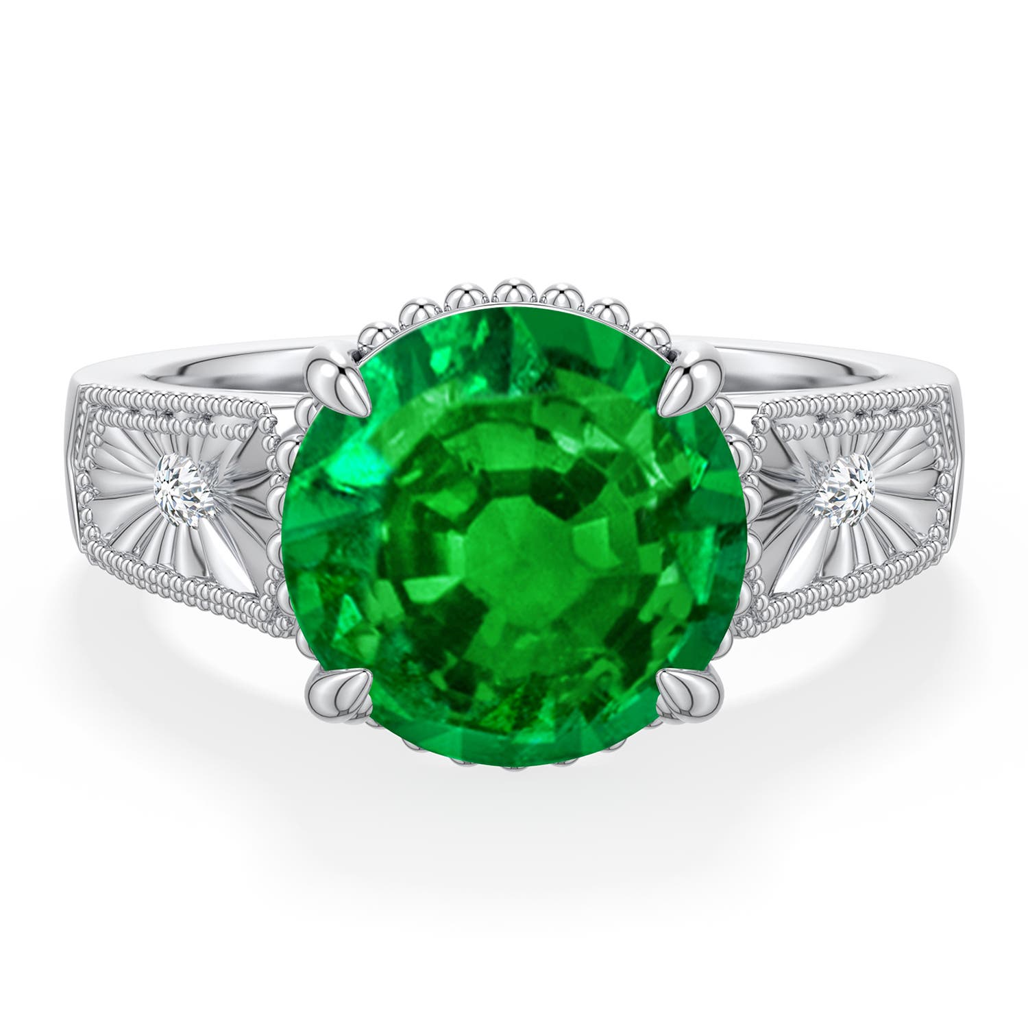 10mm Labgrown Round Lab-Grown Emerald Quatrefoil Hidden Halo Engagement Ring in White Gold - main