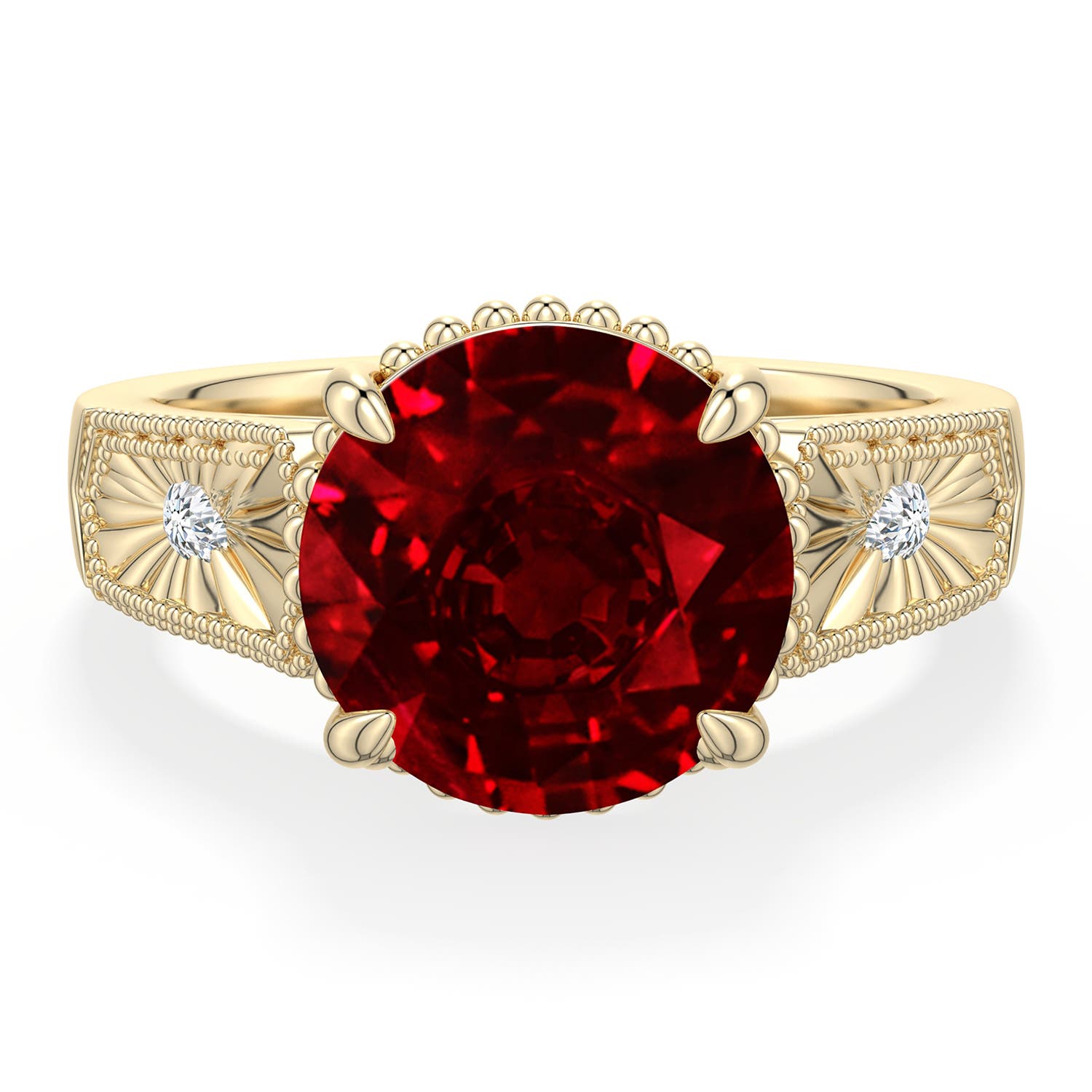 10mm Labgrown Round Lab-Grown Ruby Quatrefoil Hidden Halo Engagement Ring in Yellow Gold - main