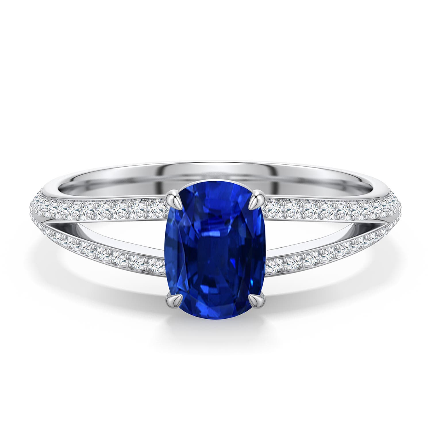 7x5mm Labgrown Cushion Rectangular Lab-Grown Blue Sapphire Engagement Ring with Pavé Accents in 18K White Gold - main