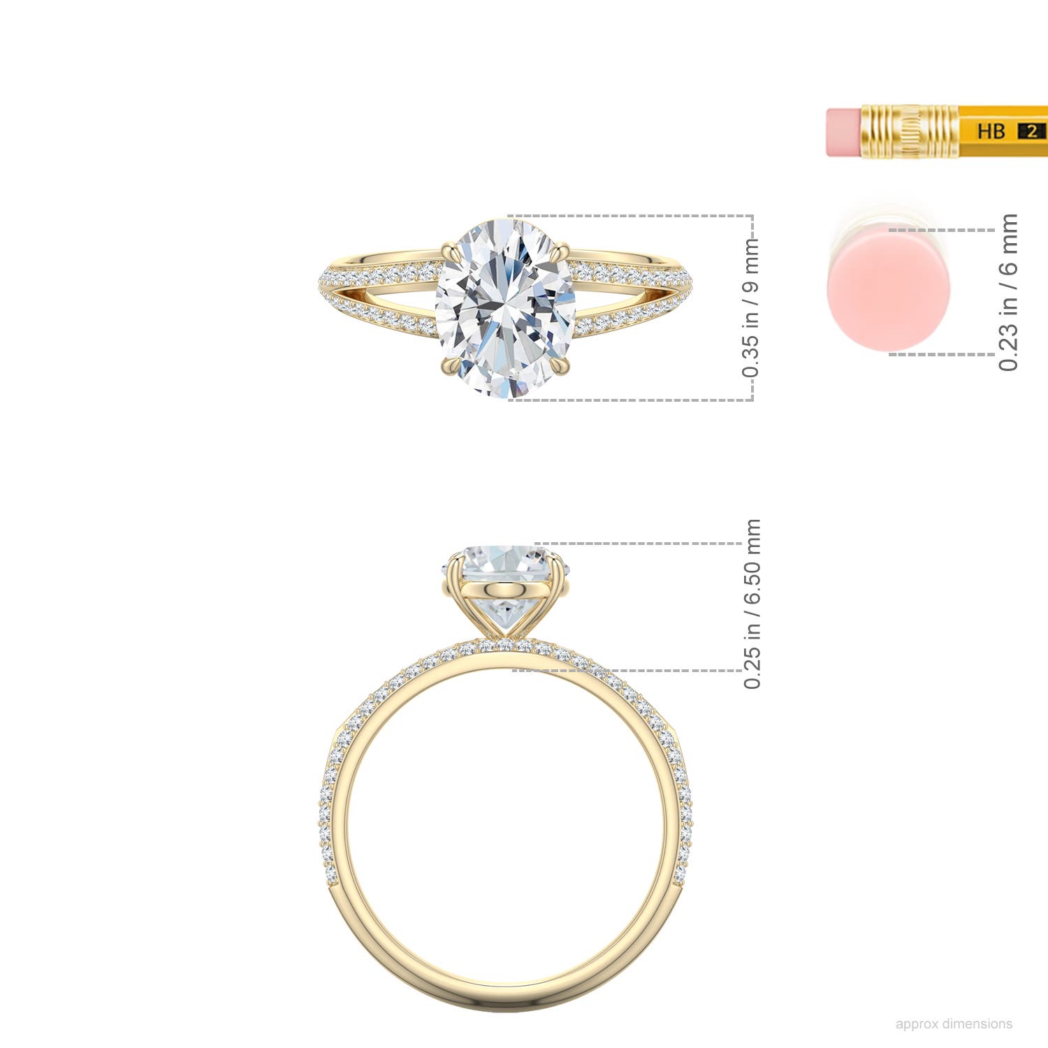 9x7mm FGVS Oval Lab-Grown Diamond Engagement Ring with Pavé Accents in Yellow Gold - ruler - ruler
